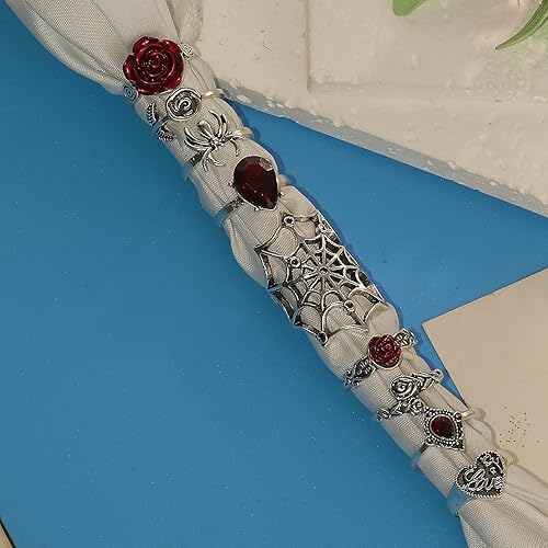 Miniatura 7 de Juego de anillos de nudillos góticos vintage para mujer, juego de anillos de diablo apilables punk, araña, serpiente, cráneo, murciélago, garra