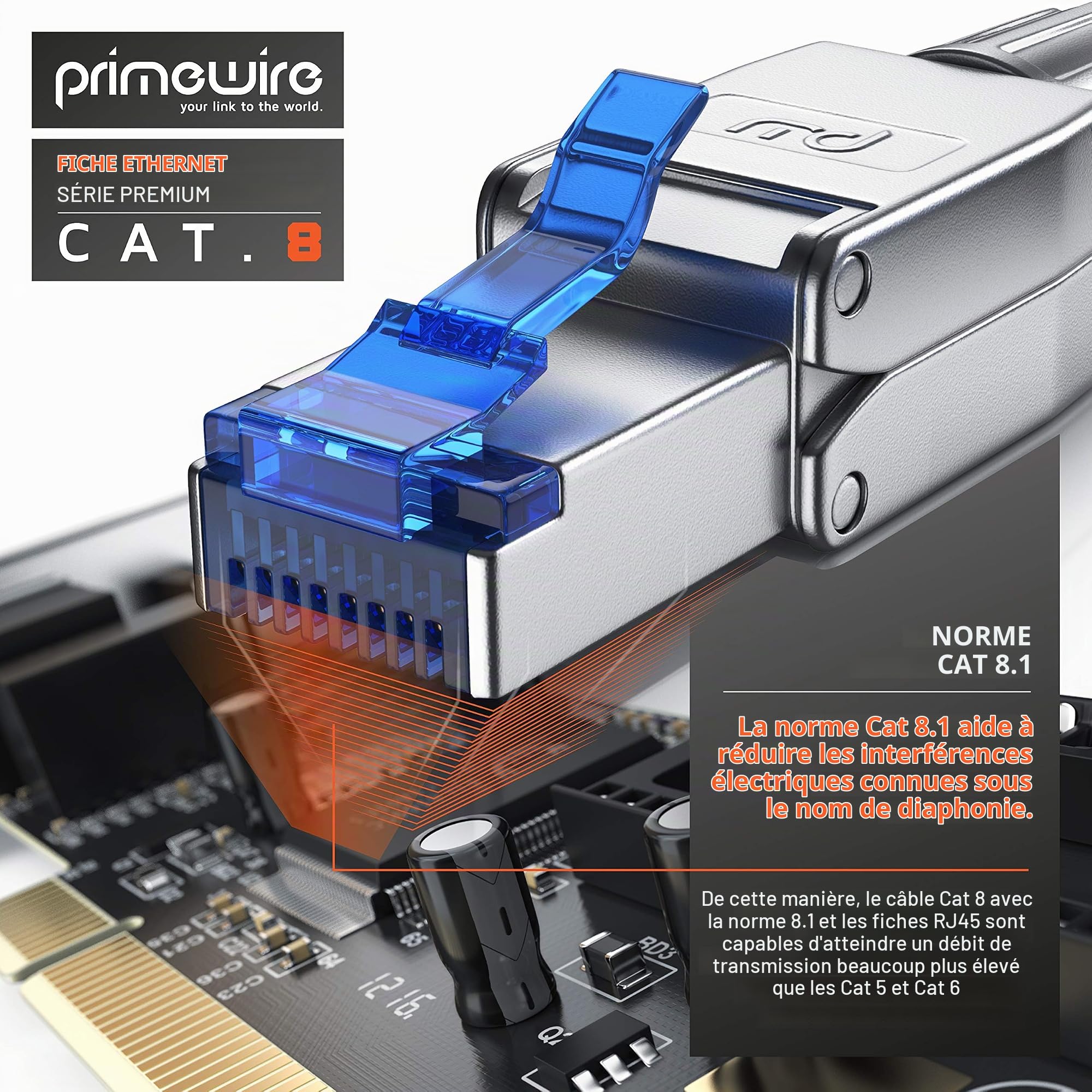 Primewire - 10x connecteurs de sertissage sans Outils RJ45 Cat 6 Cat 7 Cat 8 - connecteur modulaire rj45 - fiche rj45 sans Outil - blindé en Zinc - LAN 40 GBit/s 20000 MHz - TIA-568A, B - 23, 26 AWG