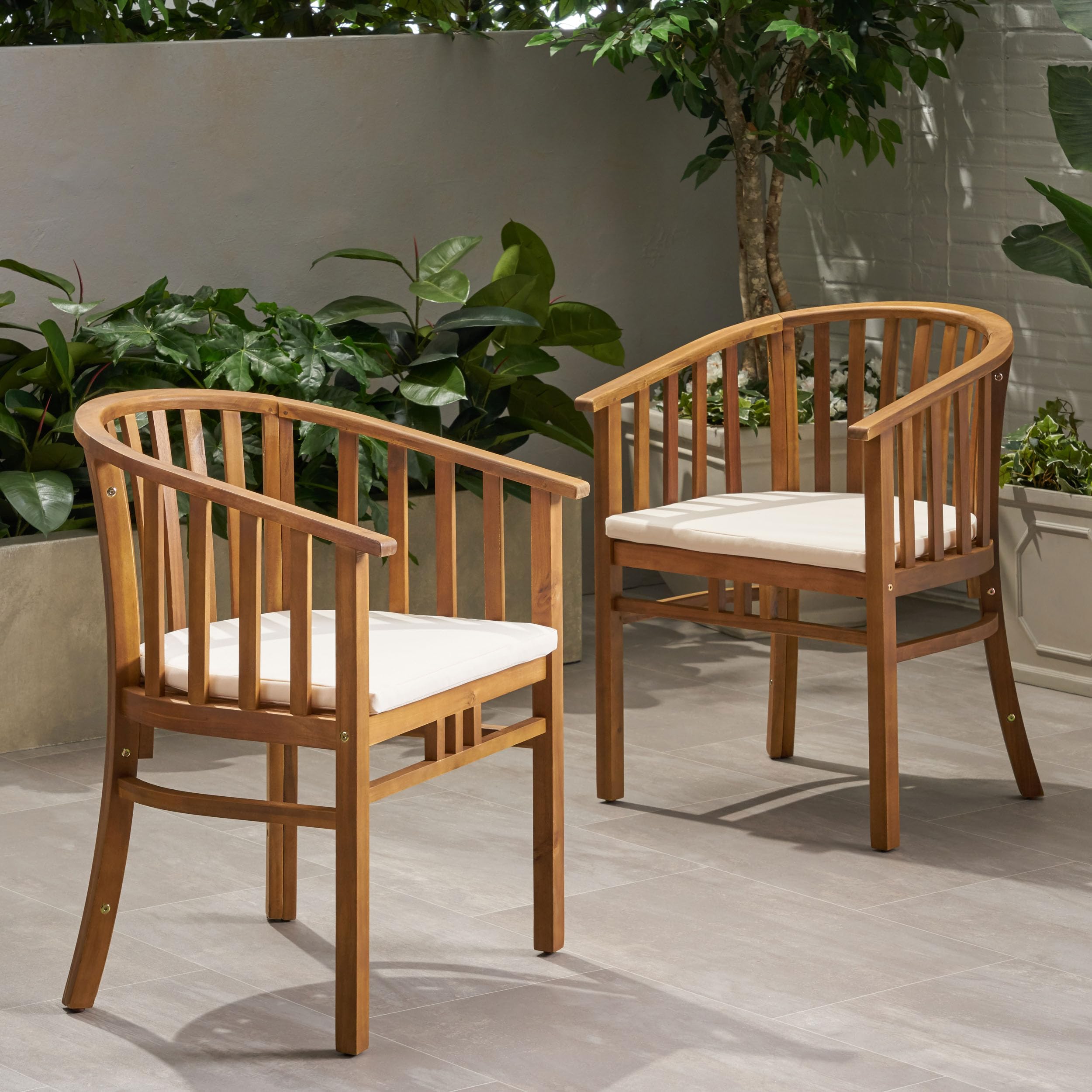 Outdoor Patio Teak Wood Dining Armchairs Set of 2 ?Acacia Wood Patio Chairs with Armrests and Cushions Teak Accent Chairs, Acacia Wood Armchairs for Backyard, Porch