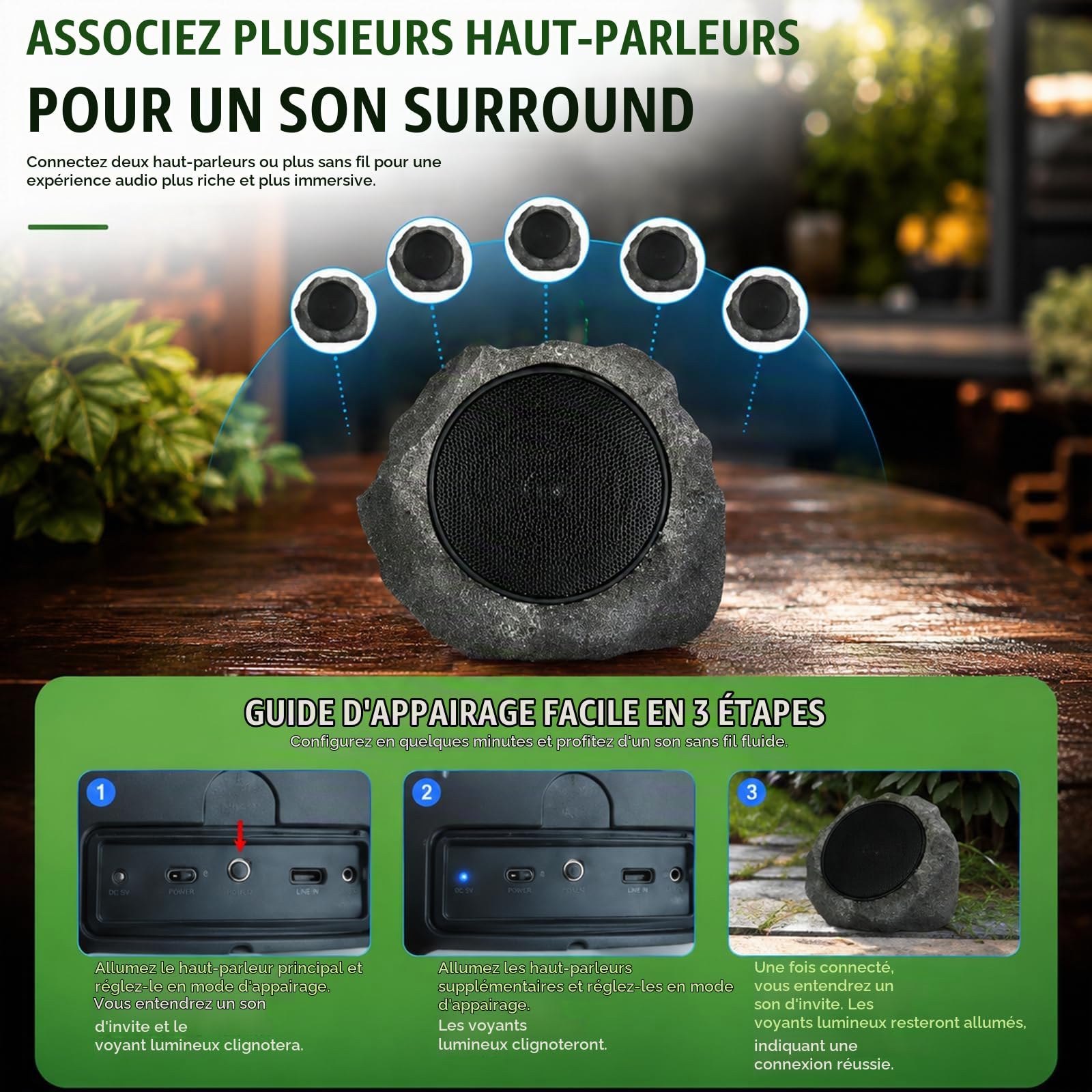 Enceintes Bluetooth étanches énergie Solaire extérieur, Gris | Rechargeable solaire et USB, Design pierre réaliste, Audio basses profondes, Pour jardin, terrasse, cour, pelouse