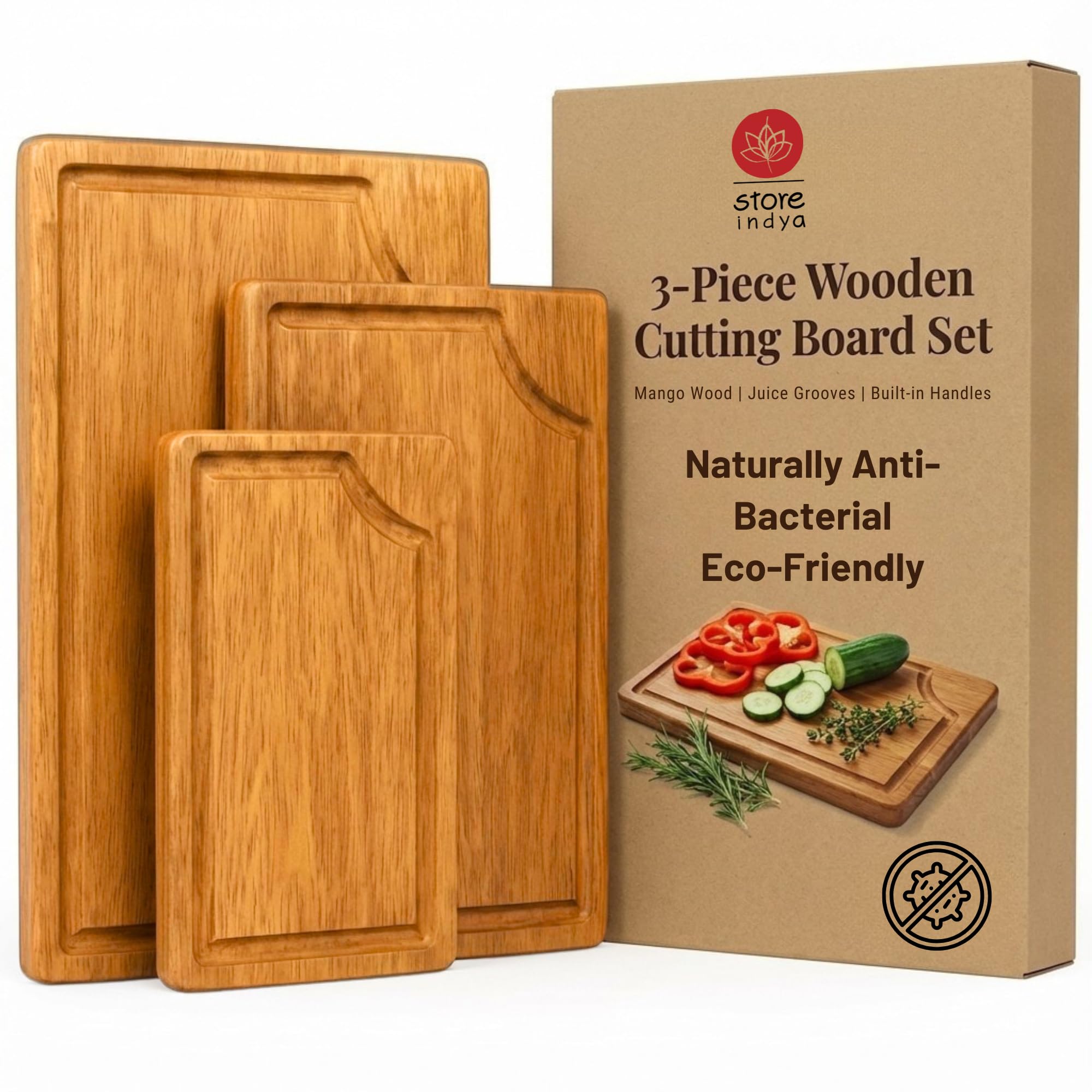 3-Piece Wooden Cutting Board Set with Juice Grooves, Mango Wood Chopping Boards for Kitchen Prep and Charcuterie Serving, Eco Friendly Multi Size
