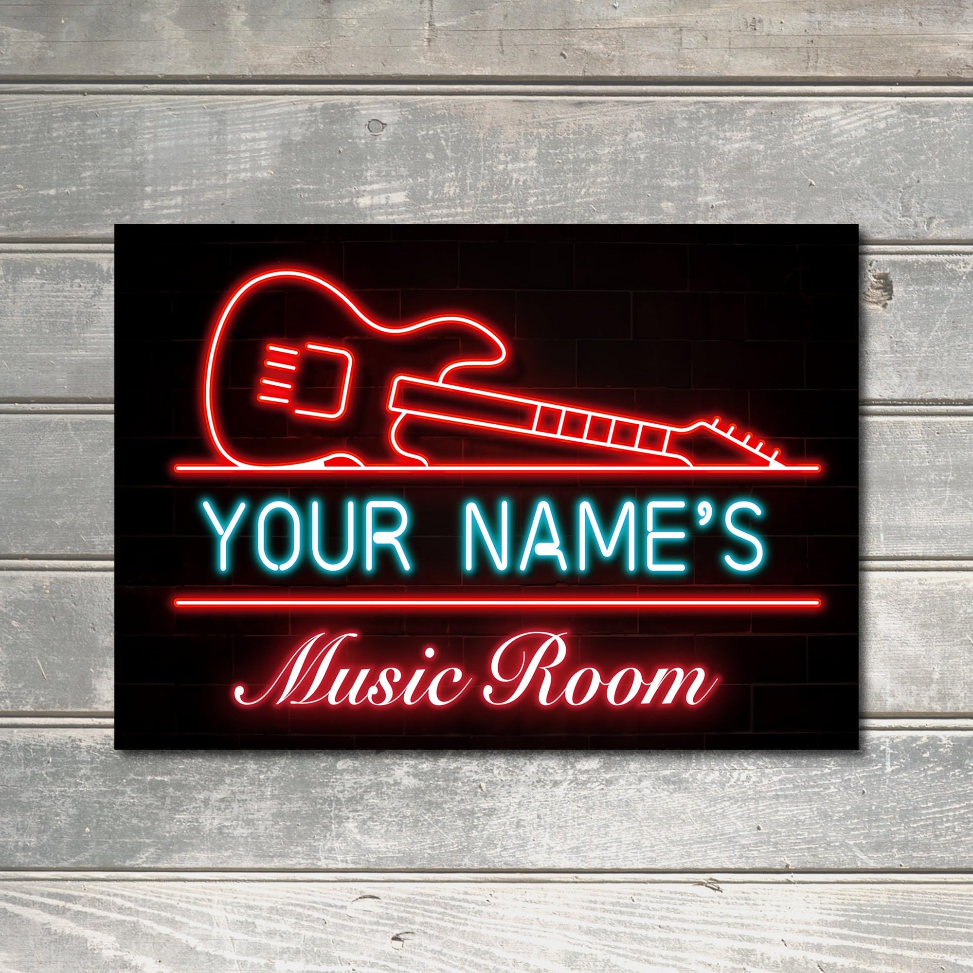 My Pixel Print Metal Personalised Music Room Sign Guitarist Gift Custom Plaque Neon Effect