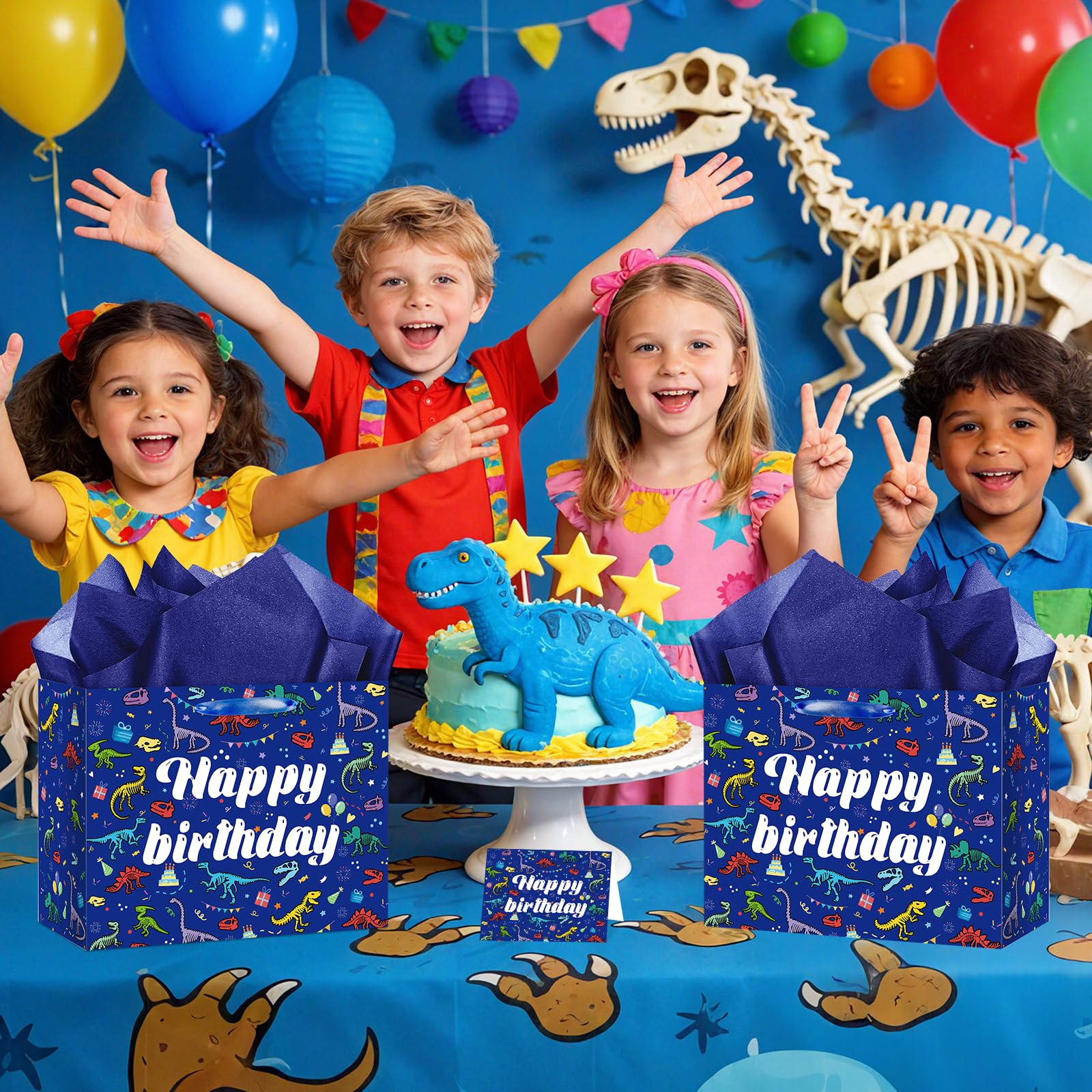 LUUFILx Dinosaur Happy Birthday Gift Bag for Boys Girls Dinosaur Wrapping Paper with Tissue Paper Greeting Card Blue Dinosaur Design Wrap Bag for Bday Baby Shower Party Decoration Supplies