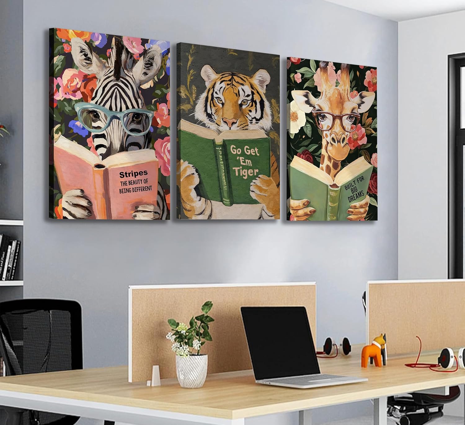 Funny Whimsical Animal Wall Art Motivational Tiger Giraffe and Zebra Reading Book Pictures Nursery Decor Humorous Bookworm Posters Literary Animal Print Artwork for Library Office Study, Framed