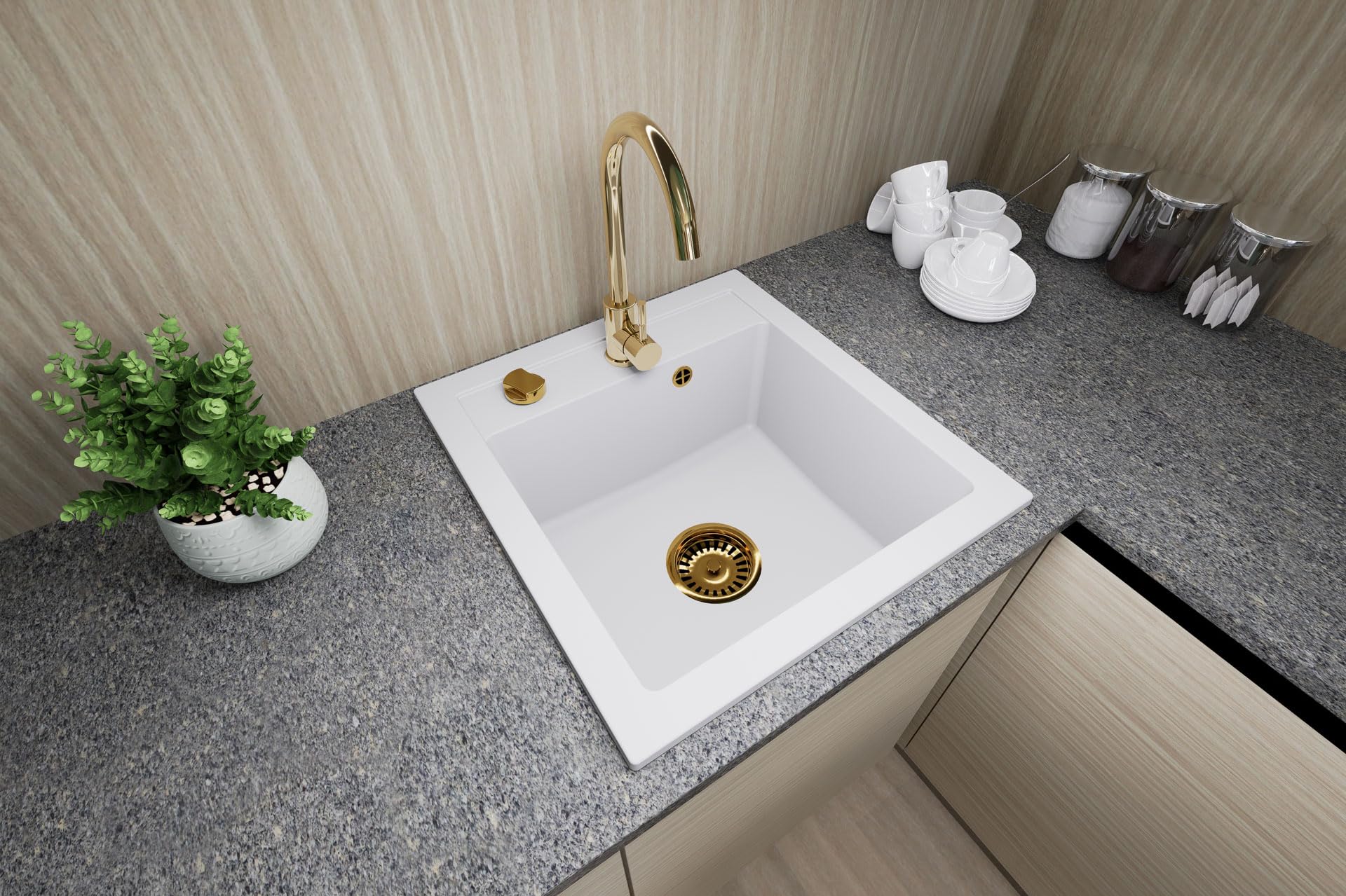 Faizee Home | Granitspüle 49x52 cm Weiß | Küchenspüle mit goldener Armatur | Eckiges Spülbecken Granit für Unterschränke ab 45 cm | Beidseitig montierbare Einbauspüle inkl. Siphon-Set