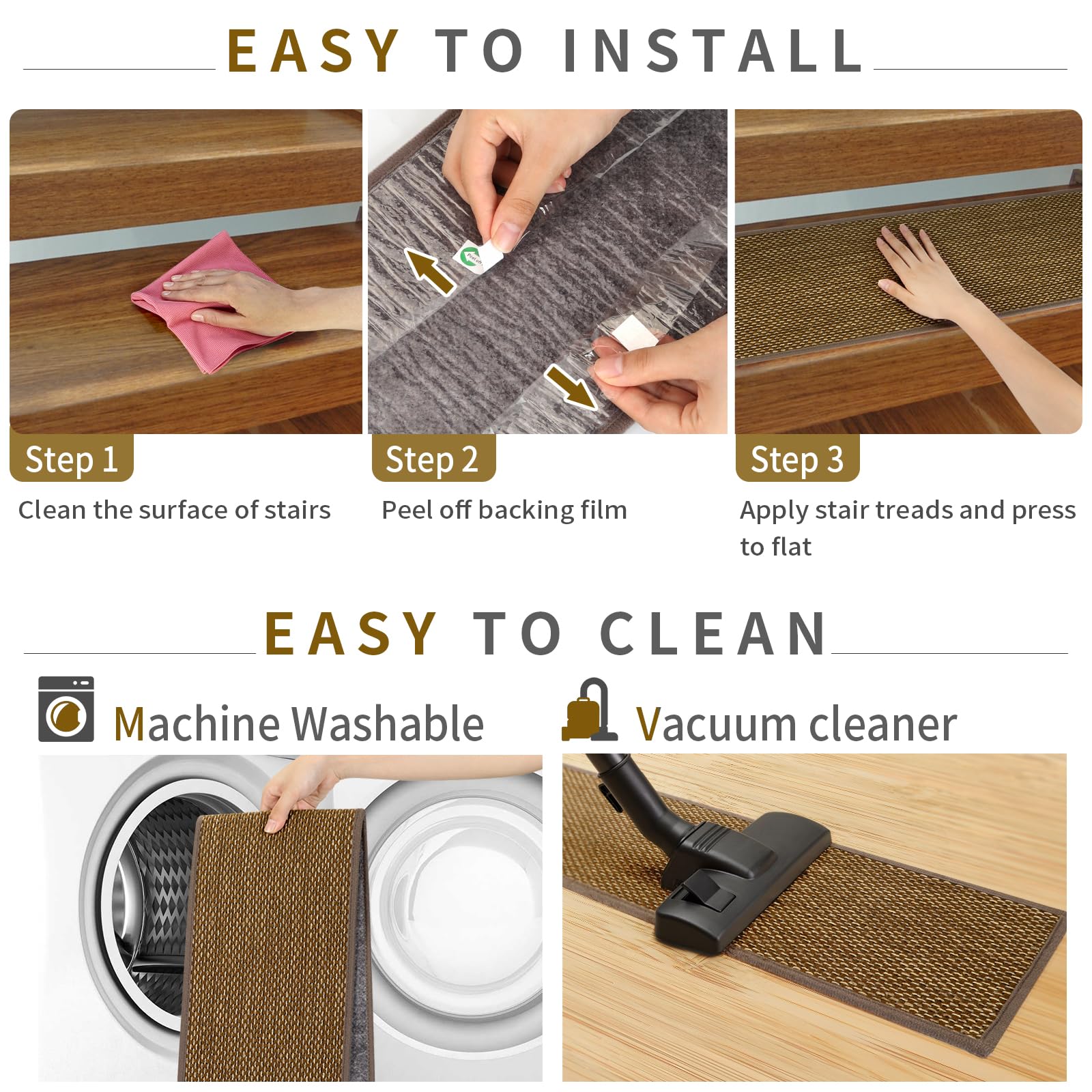 Natural Linen Non Slip Stair treads for Wooden Steps Indoor, 8" x 30"(15 pcs) Carpet Stair treads for Wood Stairs, Machine Washable Stair Runners for Kids Elders and Pets, Brown