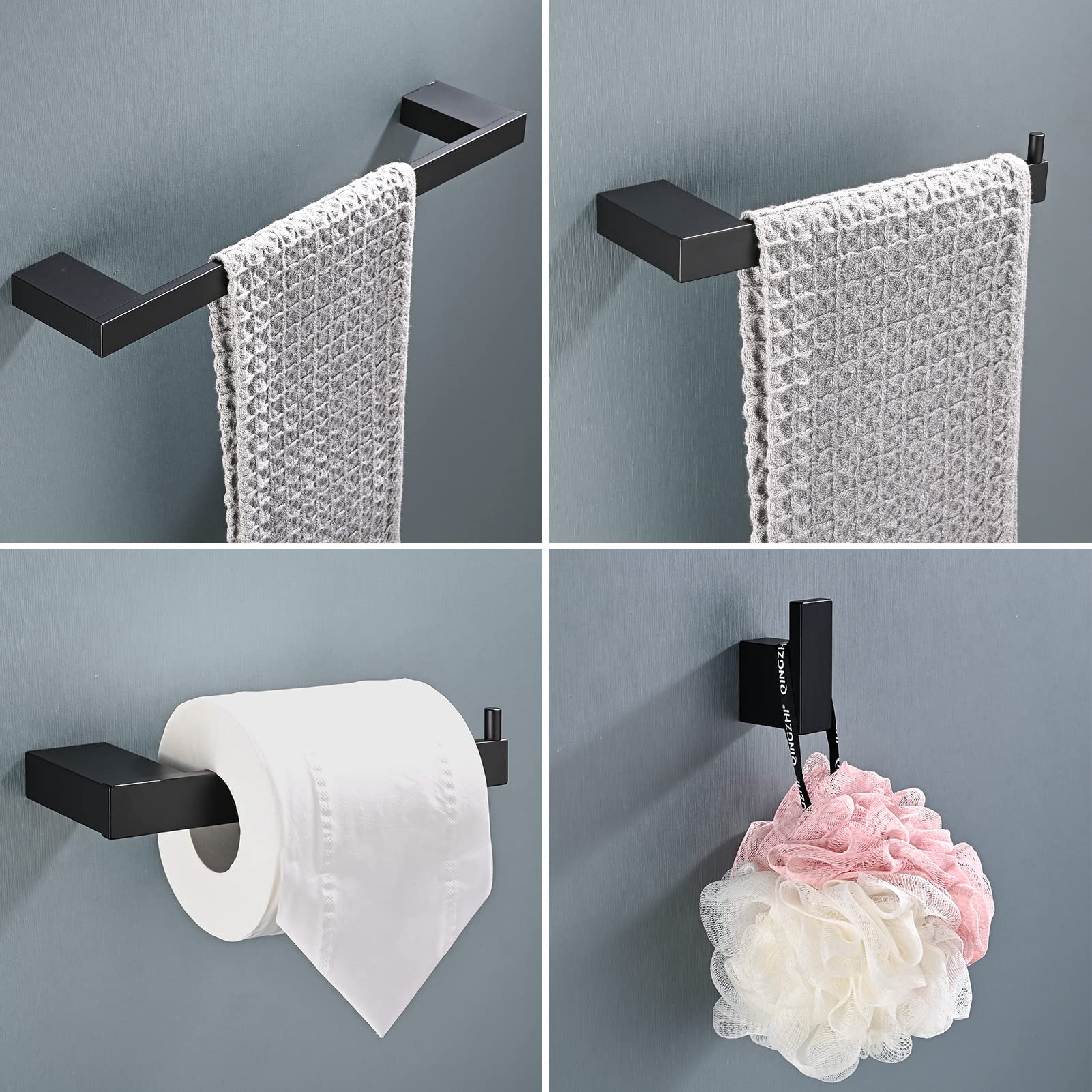Accesorios Baño Set de 5 Piezas, Toalleros de Baño de Pared Aluminio, Toallero 40cm, Toallero de Papel y Gancho para Toalla de Baño, Colgador Toalla Baño Juego Cuartos Set de Baño, Negro