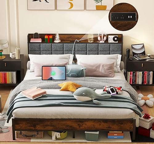 Base de cama tamaño Queen con tapizado y 4 cajones fijos de almacenamiento, cabecera ajustable, embalaje de una caja, no necesita somier, gris