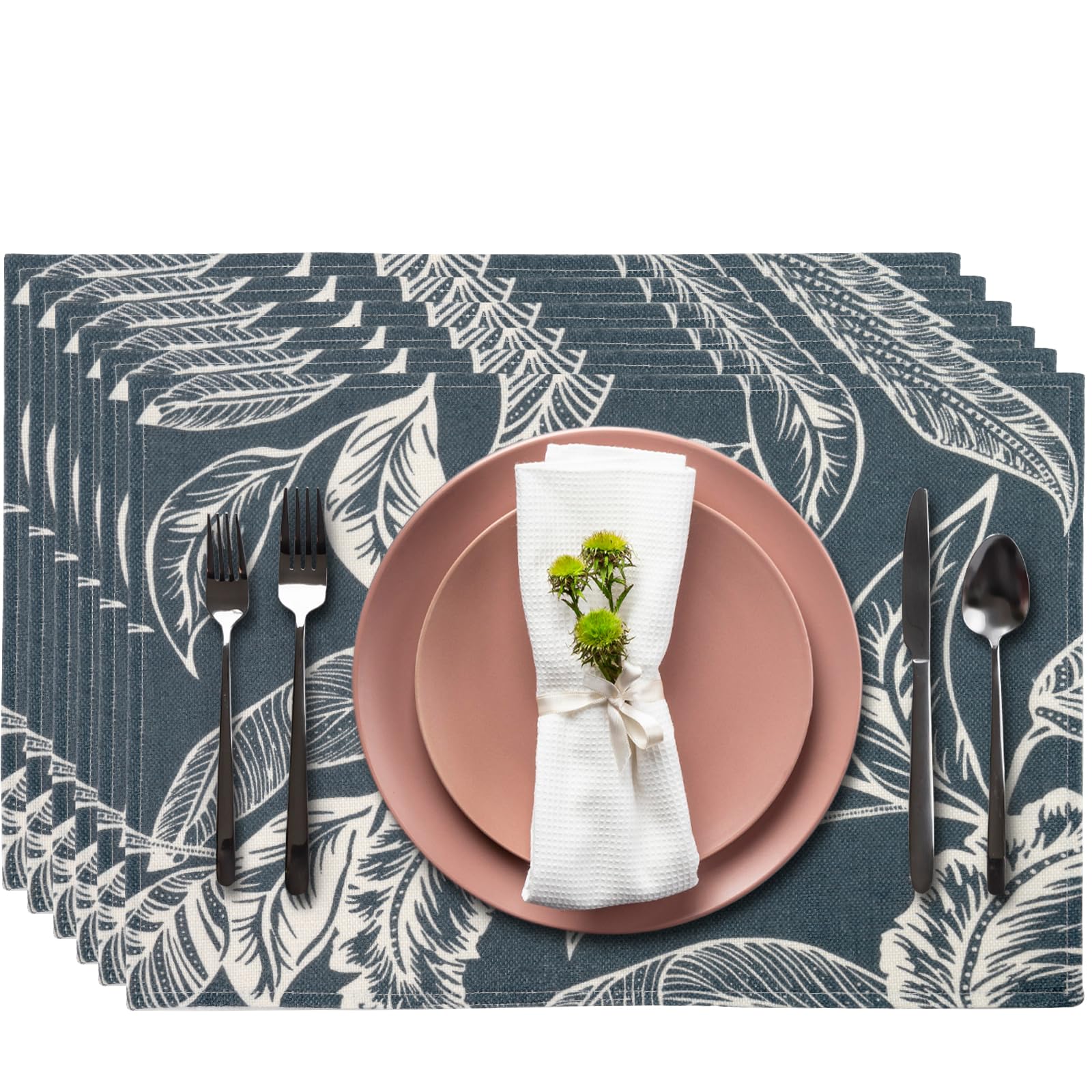 Photo 1 of Placemats Set of 6 Washable Blue Leaf Linen Place Mats Heat-Resistant Stain-Resistant Double-Layer Absorbent Table Mats for Home Kitchen Dining Table Daily Decor, 13x19 Inches Blue&white