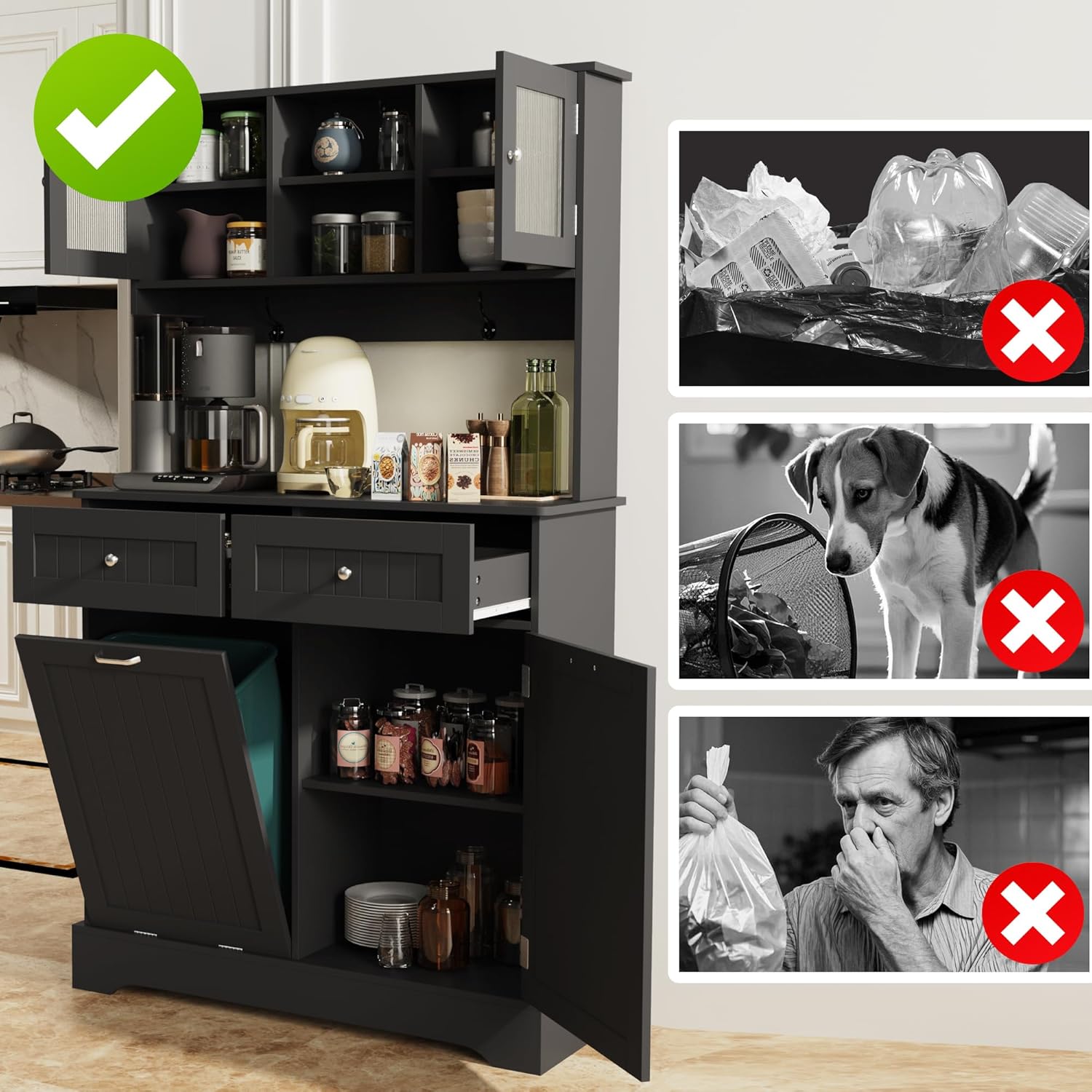 KIGOTY 68" Kitchen Pantry Storage Cabinet, Freestanding Cupboard with Tilt Out Trash Holder,Tall Storage Cabinet with Doors and 2 Drawers for Kitchen (Black)