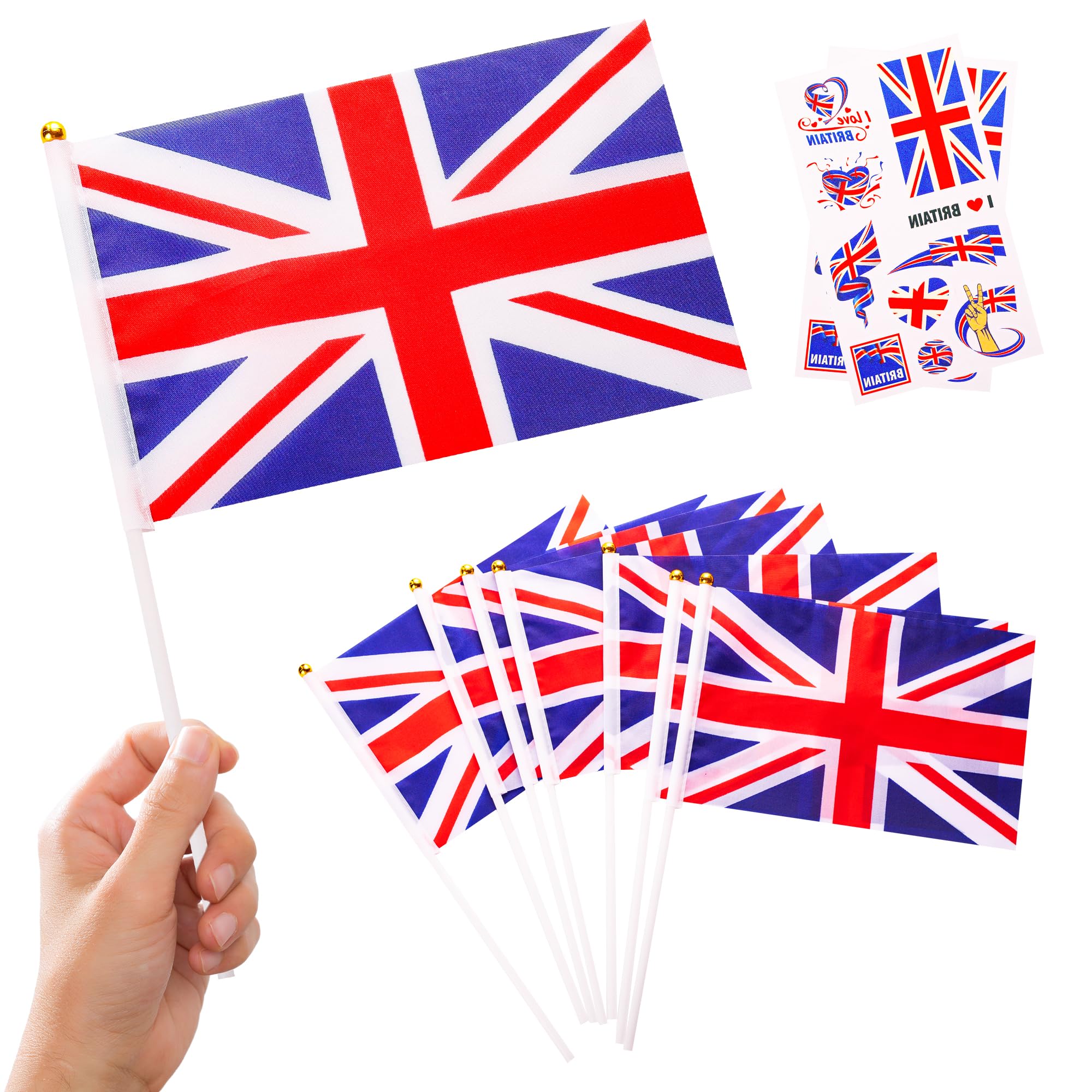 10pcs Small Union Jack Flags on Sticks & 2pcs Tattoos, Mini British Flag Hand Held United Kingdom Flag UK Great Britain Party Decorations for Trooping the Colour Parade 2026 Olympic — image 1