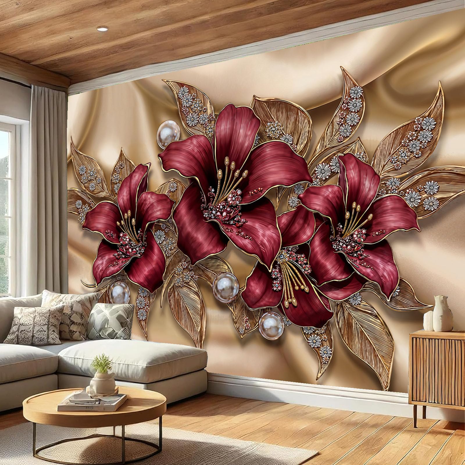 Retro-Blumenmuster Fototapete Schlafzimmer, 3D-Luxus-Lilienzweige Und -Blätter Seidentapete Wandtapete für Esszimmer Wohnzimmer E-Sport-Raum, Burgund Wanddeko - 300 x 210 cm