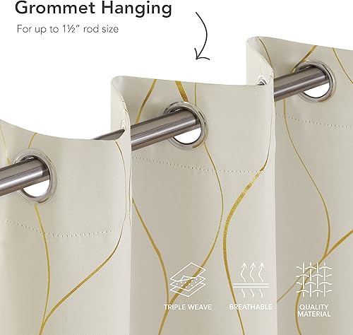 Miniatura 4 de Deconovo - Cortinas opacas con ojales y estampado metálico de ondas doradas, no dejan pasar la luz, con aislamiento térmico, para el dormitorio, 2