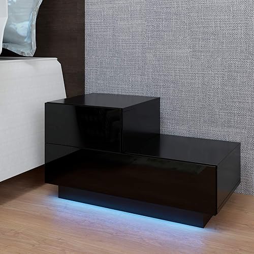 Mesita de noche LED con 2 cajones mesita de noche con cajones para muebles de dormitorio mesa auxiliar con luz LED negro