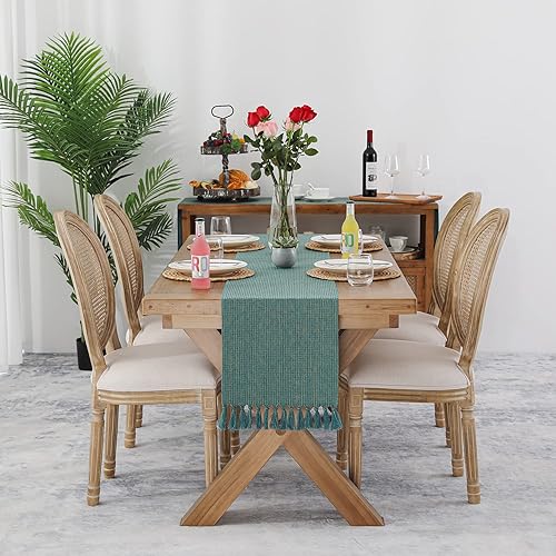 Miniatura 9 de Camino de mesa rústico de estilo granja, lino de arpillera gruesa y bohemio, lavable de 108 pulgadas de largo para decoración de comedor, tocador,