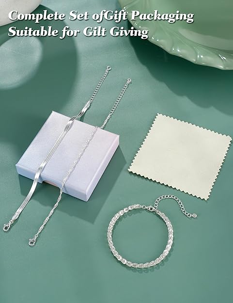 Adramata 3Pcs Set 925 Sterling Zilveren Armbanden voor Dames en Meisjes, Verstelbare Stapelbare Armbanden, Gelaagde Kettingarmband, Inclusief Geschenkdoos