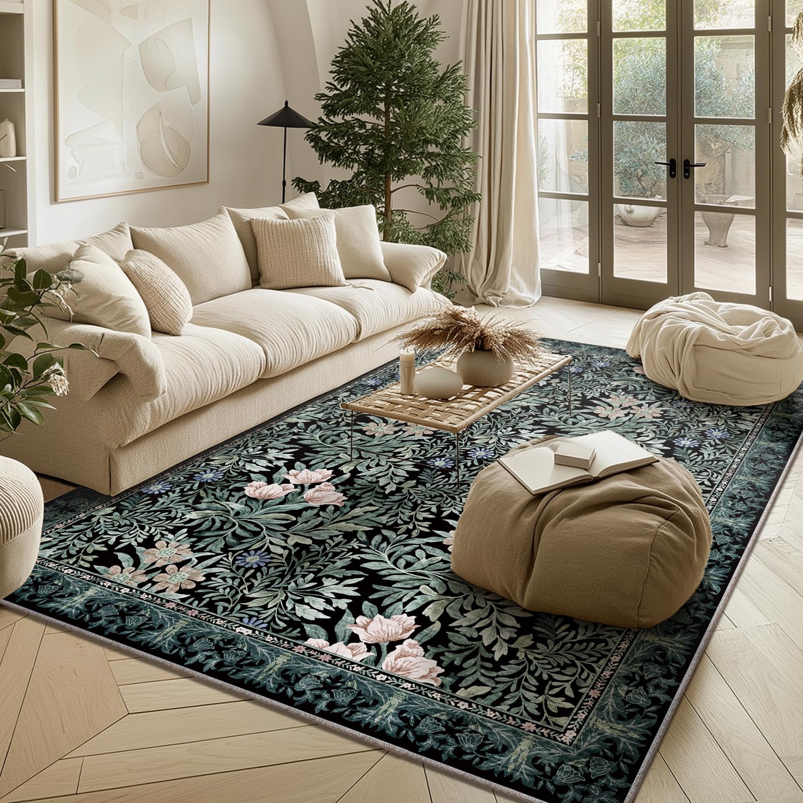 Washable Area Rugs 5x7 Black Green Vintage Floral Botanical Pattern,Perfect for Living Room, Bedroom, Kids Room, Nursery - Stain &amp; Water Resistant Non-Slip, Pet &amp; Child Friendly/Bedroom Decor