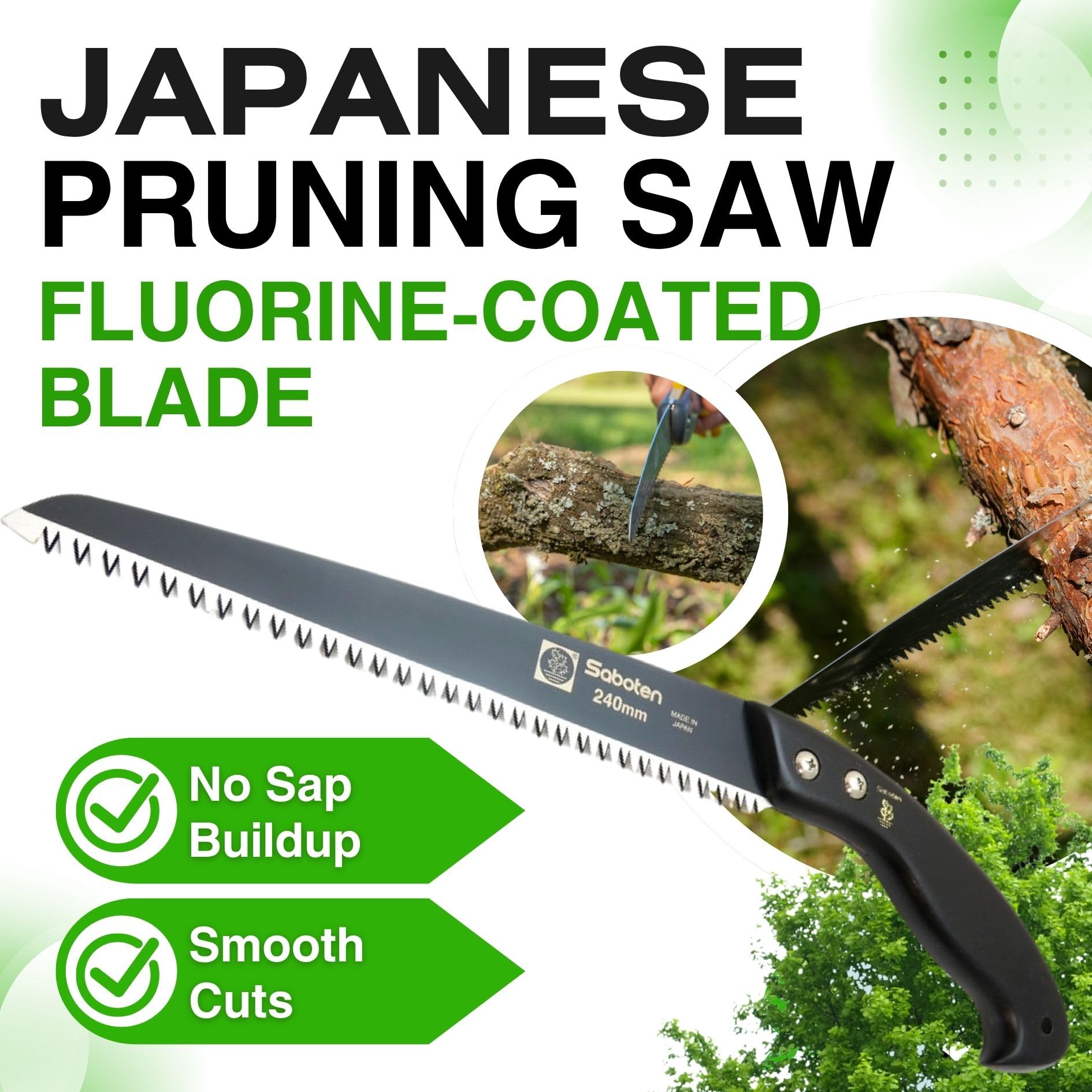 Saboten Japan - Sierra de podar japonesa de 9.4 pulgadas, hoja de acero de alto carbono recubierta de flúor, mango de madera tradicional, herramienta de corte de precisión para ramas, originales del