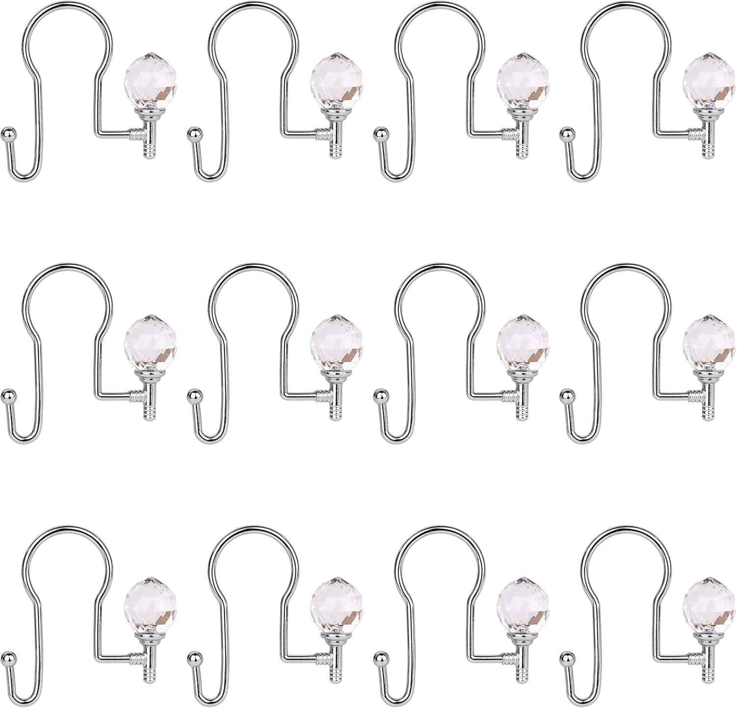 Utopia Alley Shower Rings, Double Shower Curtain Hooks for Bathroom, Rustproof Zinc Shower Curtain Hooks Rings, Crystal Design, Set of 12 (Chrome)