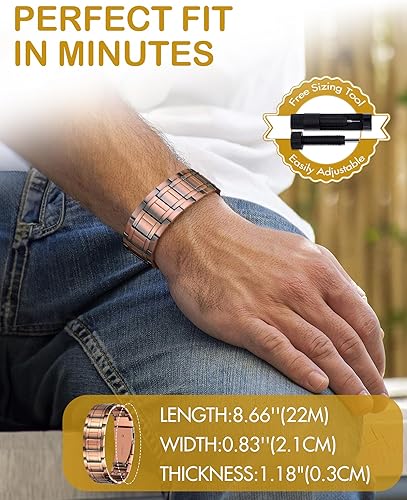Miniatura 4 de Feraco Pulsera de cobre para hombre, 3 veces más fuerza, 99.99% de cobre puro, pulseras magnéticas con imanes, longitud ajustable con herramienta de