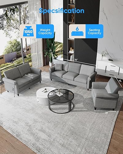 Miniatura 2 de Juego de sofás de 3 piezas, moderno sofá de 3 plazas y sofá biplaza y sillón, tela de lino de 3 asientos + sofá de 2 asientos+ juegos de muebles de