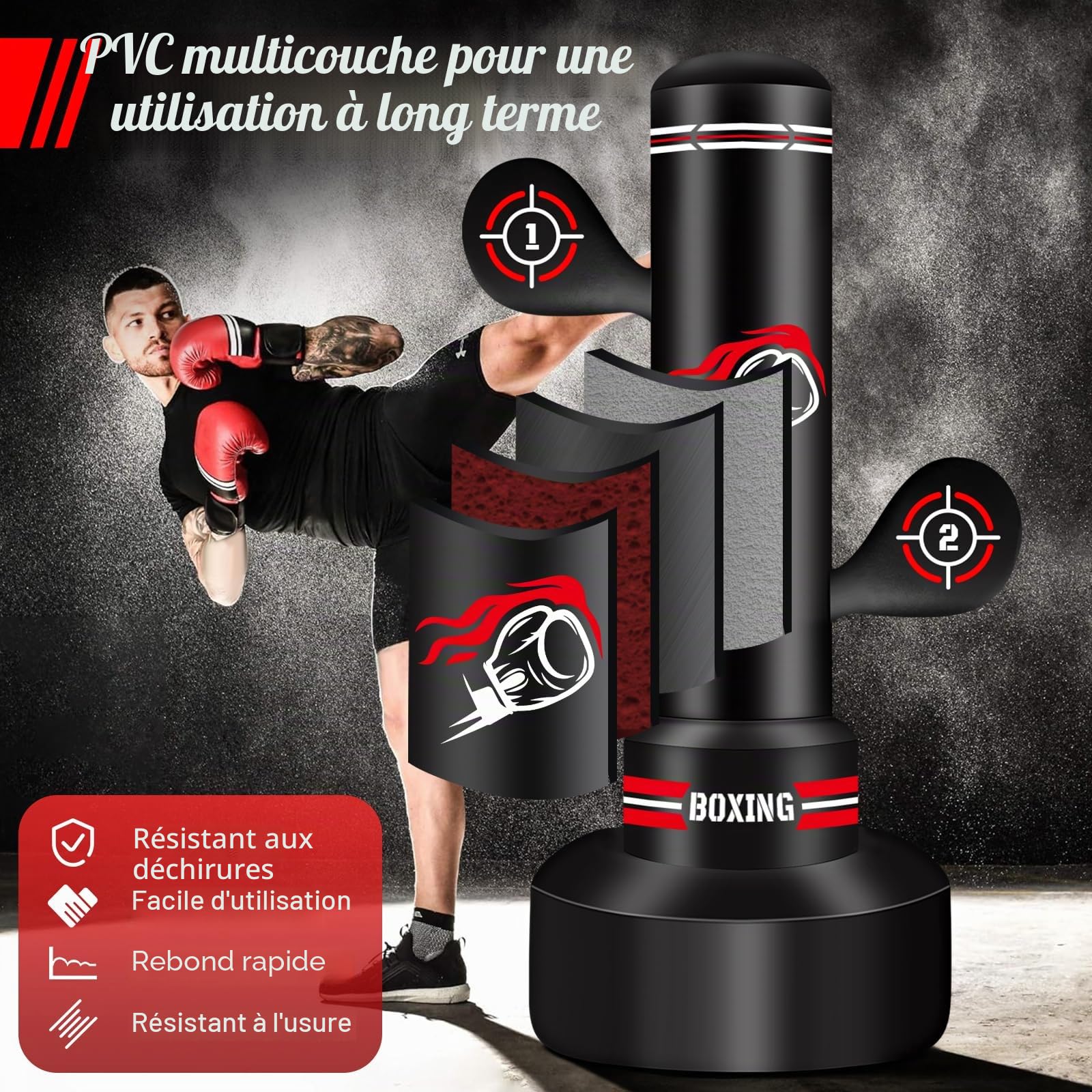 NZQXJXZ Sac de Frappe Adulte, 180cm Sac de Boxe Autoportant avec Gants de Boxe, Pompe, Corde à Sauter et Balle de Réflexe, Sac de Frappe Gonflable pour Hommes pour Entraînement Muay Thai MMA Fitness