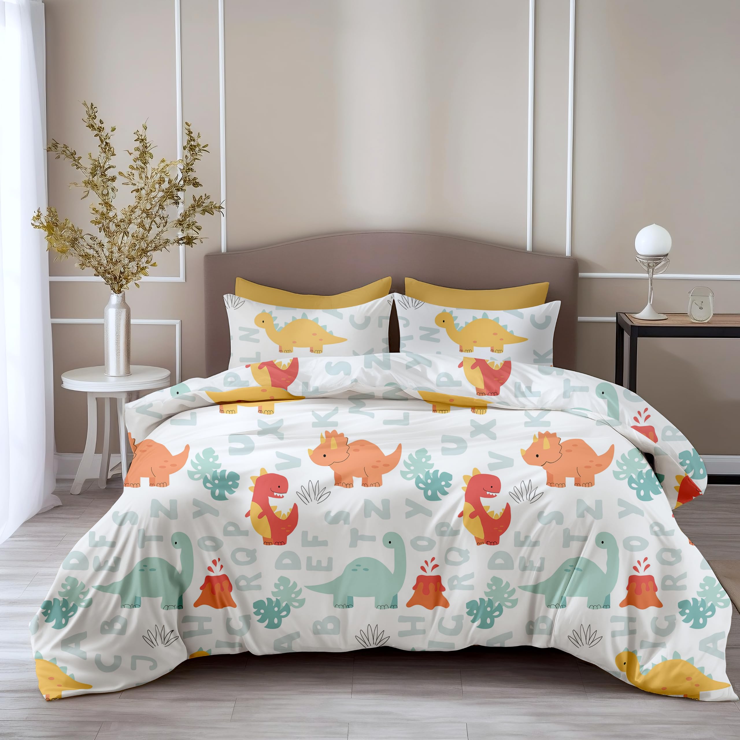 LORETO - A QUALITY LINEN BRAND 144 TC 100% Pure Cotton Printed Bedsheet,144TC Soft & Breathable King Size Bed Sheet Cotton with 2 Pillow Covers(Orange & Mint Alphabet Dino Play,104x104 Inches)