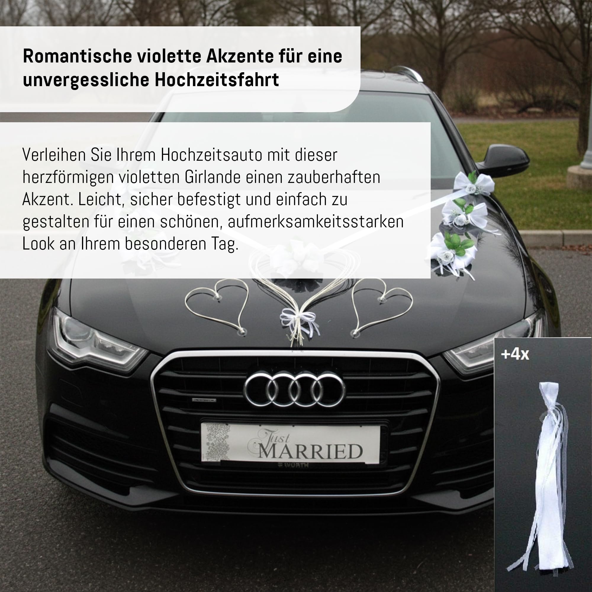 Autoschmuck Décoration de mariage pour voiture - En forme de cœur - Pour couple de mariée - En organza - Guirlande de voiture - Blanc pur