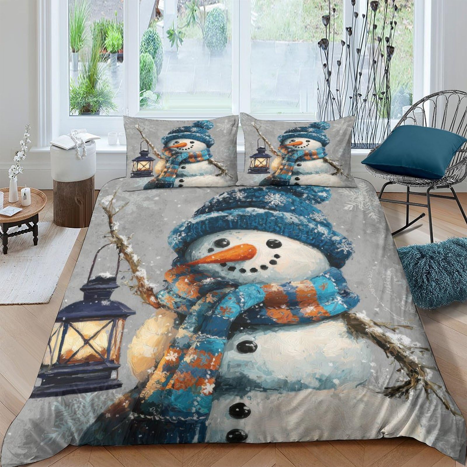 Ctjqhvkz Style-6 3D Printed Snowman Winter Fitted Sheet Microfiber Soft Flannel Plaid Bed Sheet With Lantern Print For Bedroom Guestroom Single（135X200cm）