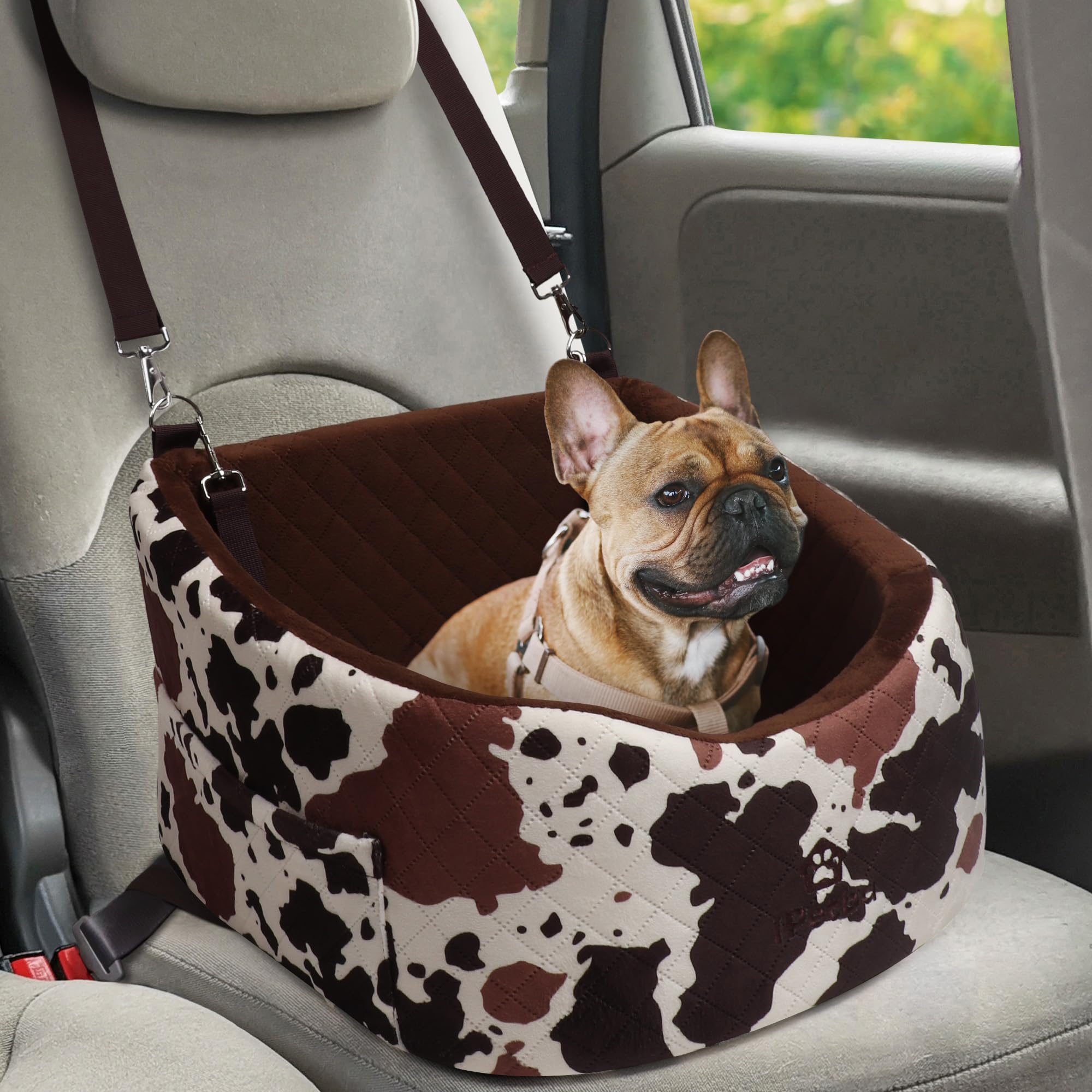 Dog Car Seat for Small Medium Dogs Memory Foam Cat Bed for Back Front Seat Washable Pet Car Carrier for Long Distance Driving Up to 15 kg Cow print