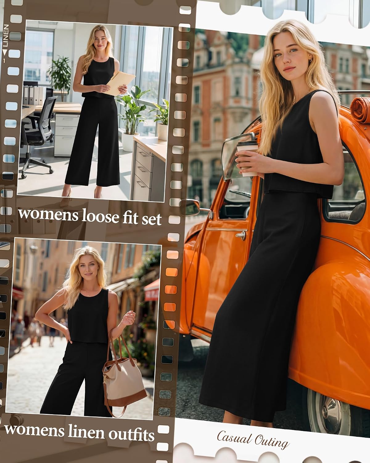Womens 2 Piece Linen Set Summer Outfits Crew Neck Sleeveless Crop Tank Top Wide Capri Pants Lounge Boho Travel Set