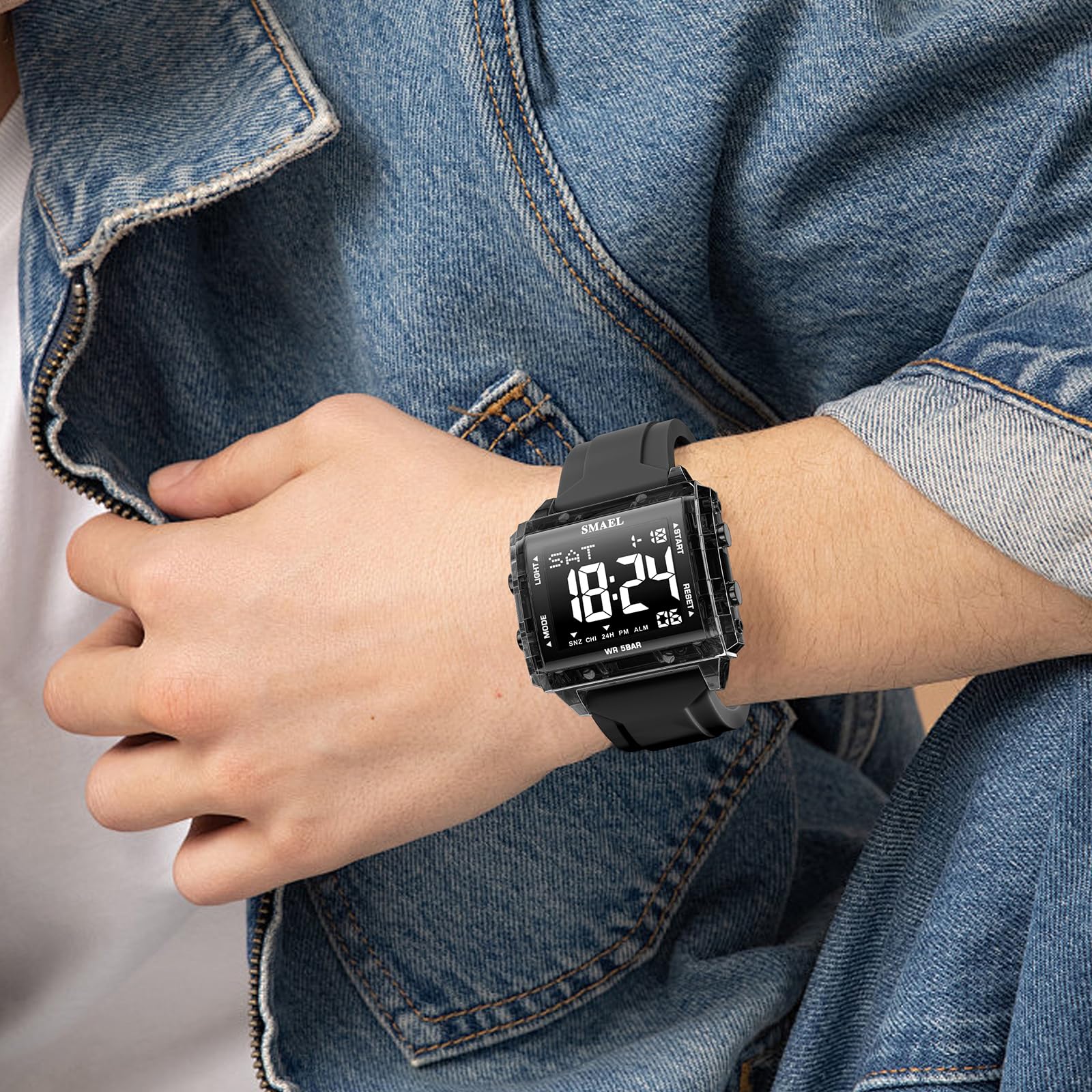 KXAITO Digital Sports Watch, Square Case 44mm, LED Night Light Display, 5ATM Waterproof, Silica Gel Band, Alarm Chronograph Stopwatch, Gift - 5