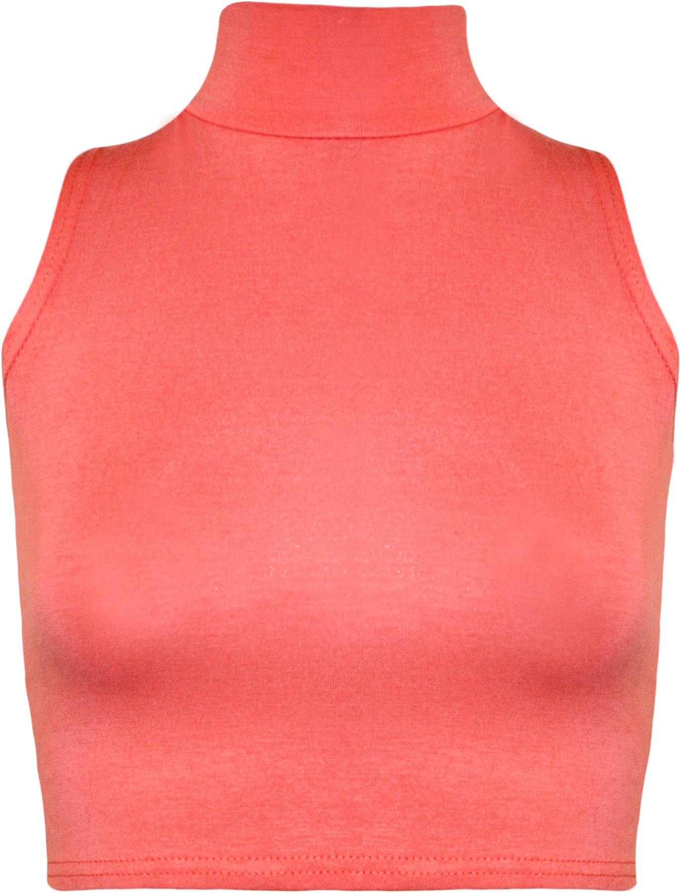 WearAll Womens Turtle Neck Crop Ladies Short Plain Sleeveless Polo Look Vest Top - Coral - 8/10