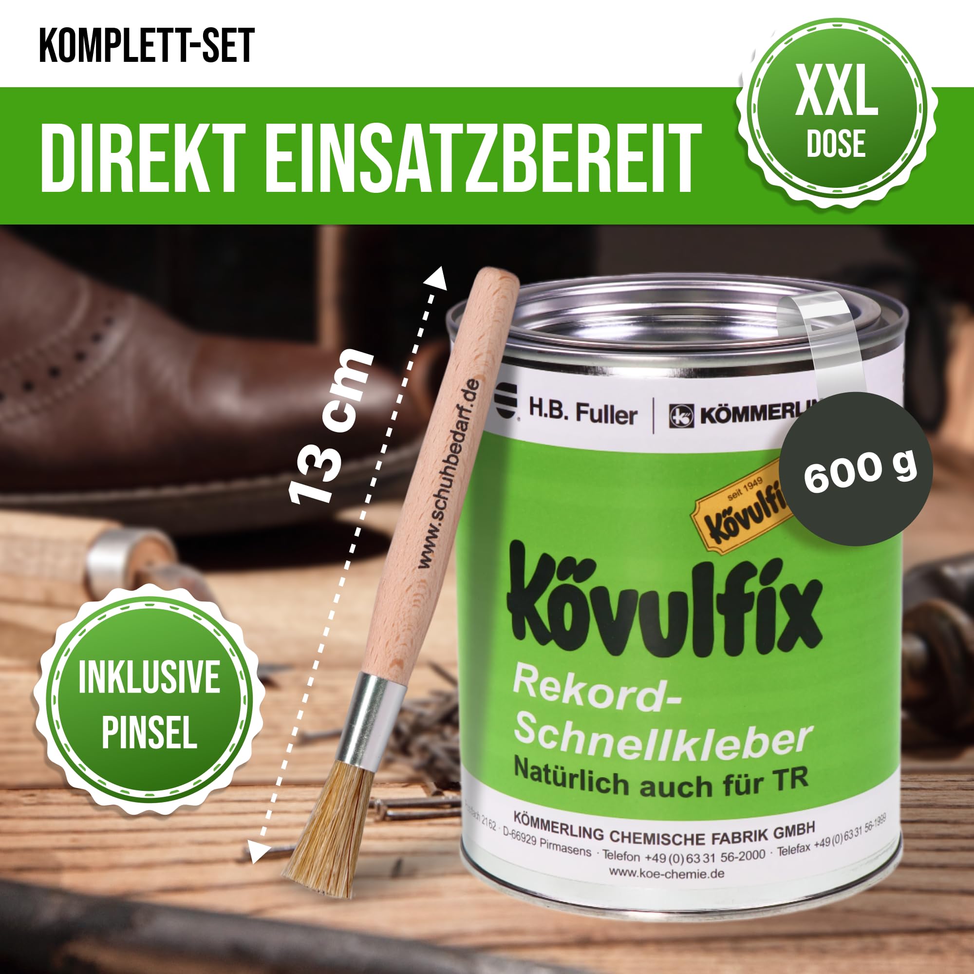 Kövulfix Kontaktkleber - Extragroße Dose Veganer Kraftkleber - 600g Kövulfix Rekord Schuhkleber extra stark wasserfest mit Klebstoffpinsel - der flexible Sohlenkleber Lederkleber made in Germany