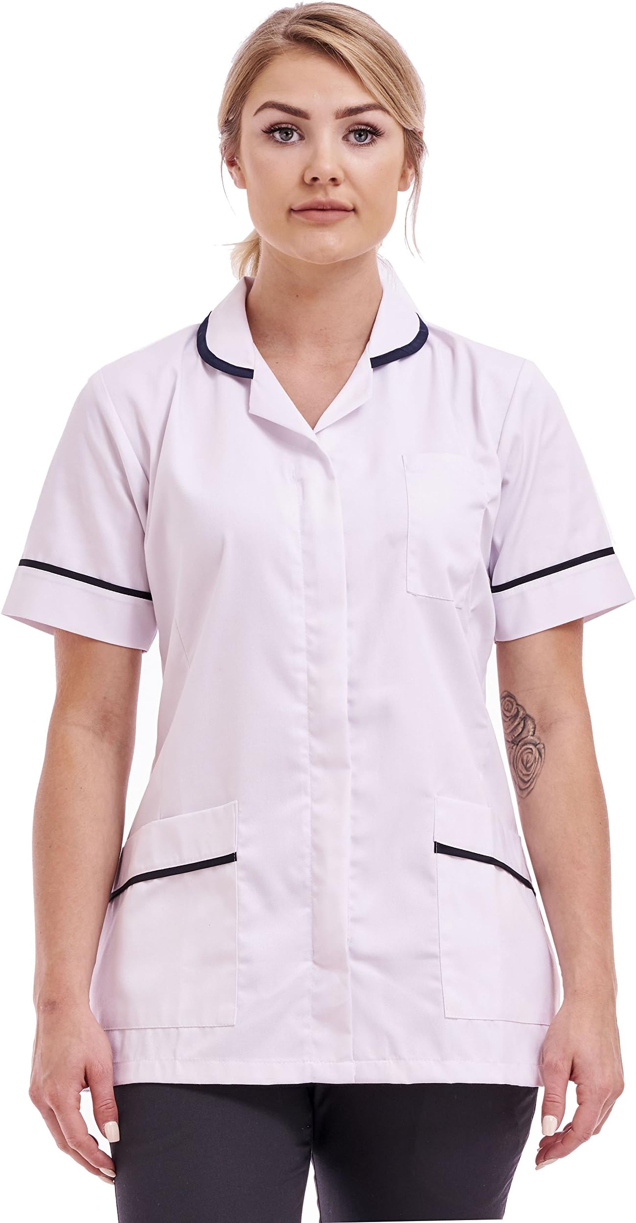 First Uniform SolutionsLadies Round Collar 2 Hip and 1 Breast Pocket Concealed Zip Front Fastening Collar Lower Pockets with Contrast Trim Half Sleeve Pocket Tunic Size 8 to 28