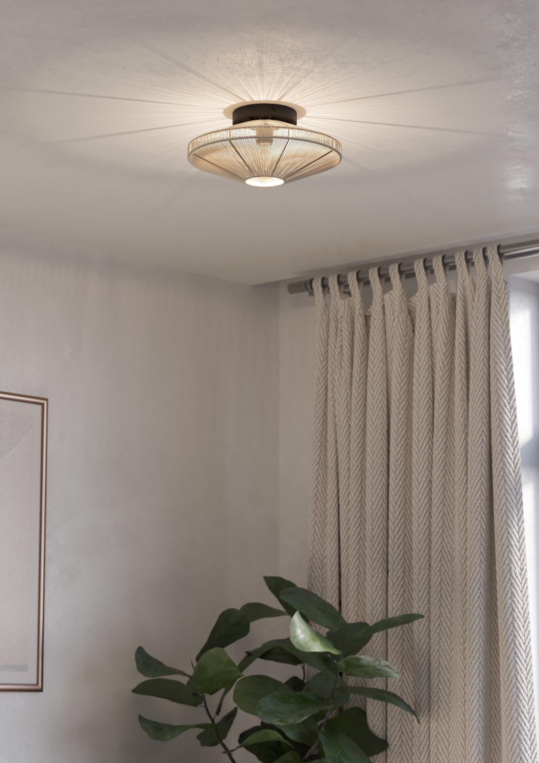 EGLO Deckenlampe Midsumer, Deckenleuchte aus Stoff | Deckenbeleuchtung Japanisch aus Metall in Schwarz und Naturgarn in Creme, Wohnzimmerlampe mit E27 Fassung, Ø 38 cm