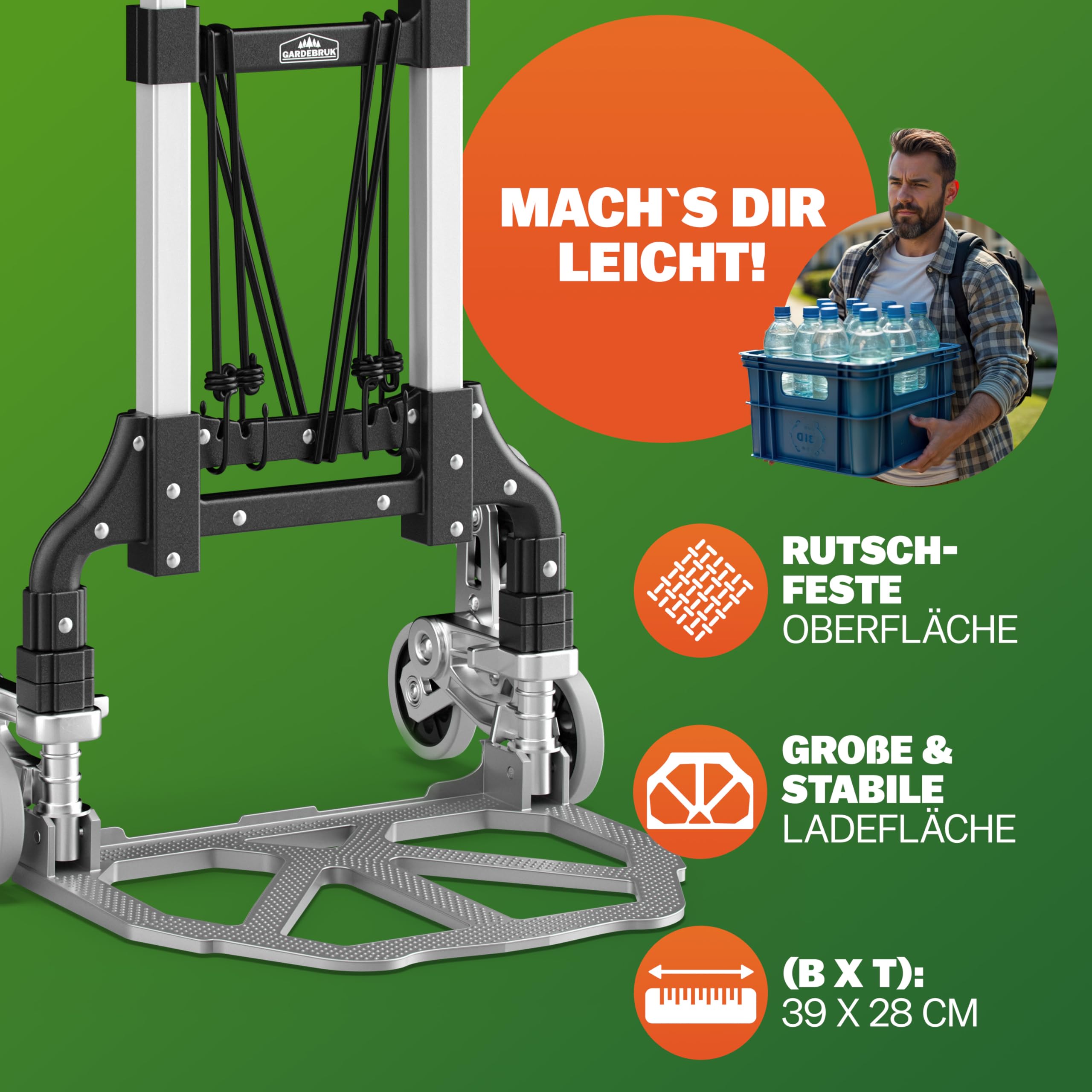 GARDEBRUK® Treppenkarre klappbar - Aluminium Transportkarre mit pannensicheren Reifen - 80 kg Tragkraft - inkl. Handschuhe & Expander - Faltbare Sackkarre für Treppen & Garten