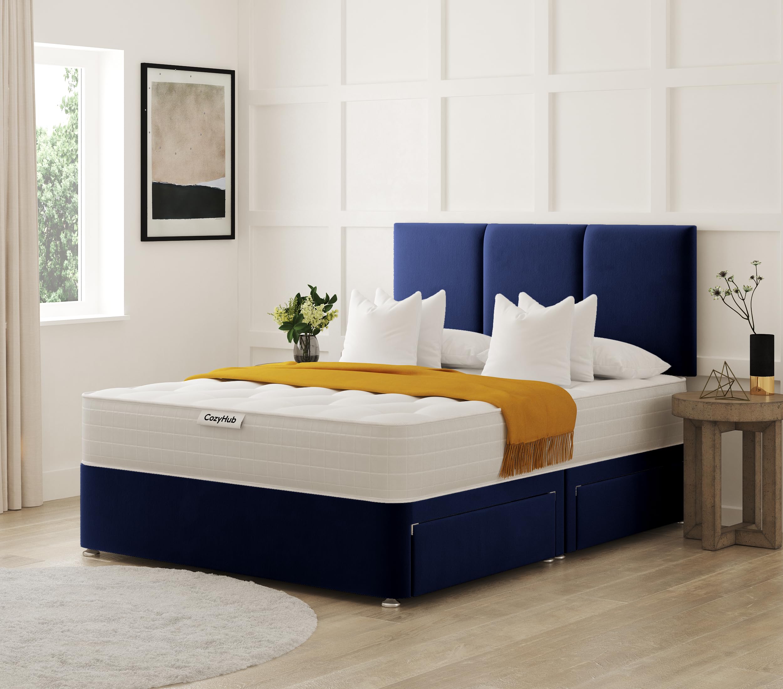COZY HUB LTD Panel Line Plush Velvet Divan Bed with 10 Inch Ortho Tufted Mattress & Headboard – Luxury Divan Set with Drawer Storage Options. (Blue, 3Ft- No Drawers)