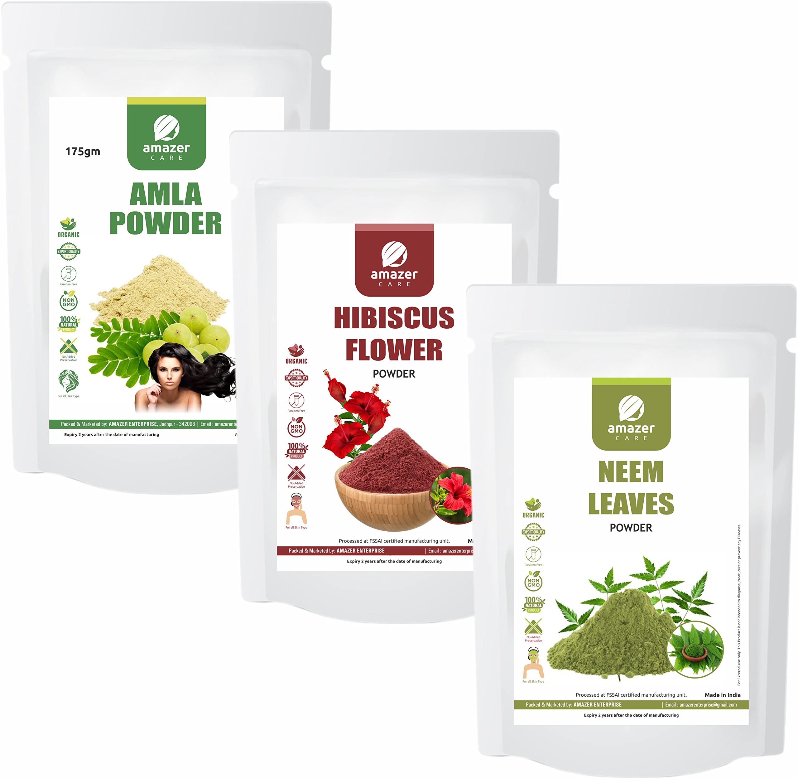 AmazerCare Hibiscus + Amla + Neem Powders Combo 100% Natural for Hair & Growth (3 Pouches) Anti Dandruff & Healthy Hair Care Combo-image-40