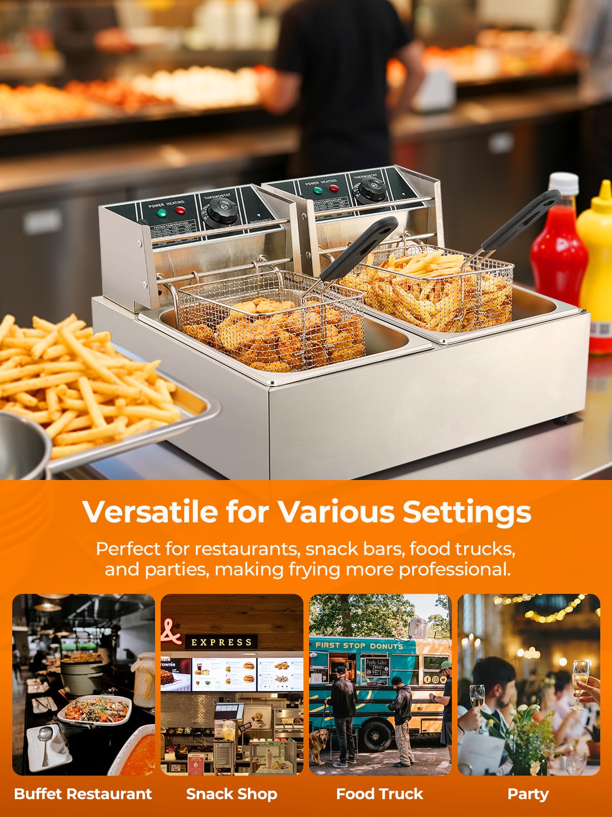 Friteuse Electrique Commerciale FOHERE, Friteuse Double de 21,6L avec Panier, Temperatura Regolabile da 60 a 200°C, Friteuse en Acier Inoxydable de 3400W pour Utilisation en Cuisine et Restaurant