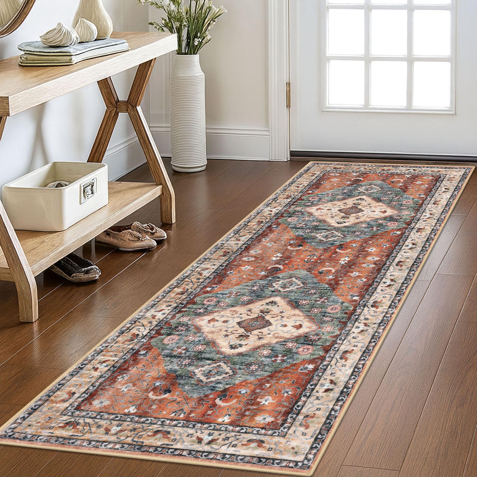 KOZYFLY Runners for Hallways 2x6 Ft Washable Kitchen Runner Rug Boho Runner Rug for Entryway Indoor Rust/Orange/Blue Printed Oriental Faux Wool Floor Carpet Runner for Bedroom Kitchen Hall โ image 1