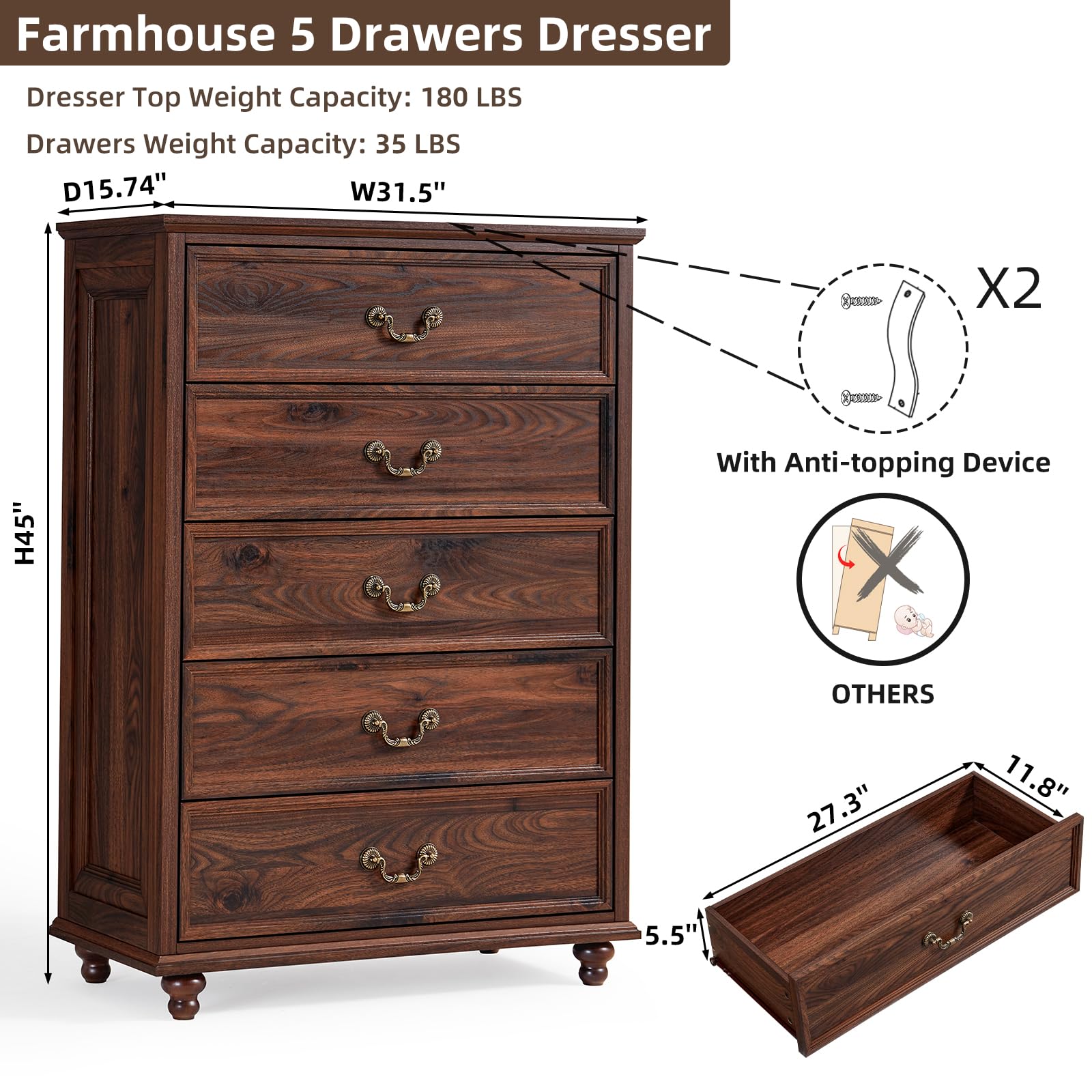 chinese dress ladies Amazon.com: Joaxswe Farmhouse 5 Drawer Dresser for Bedroom, 45