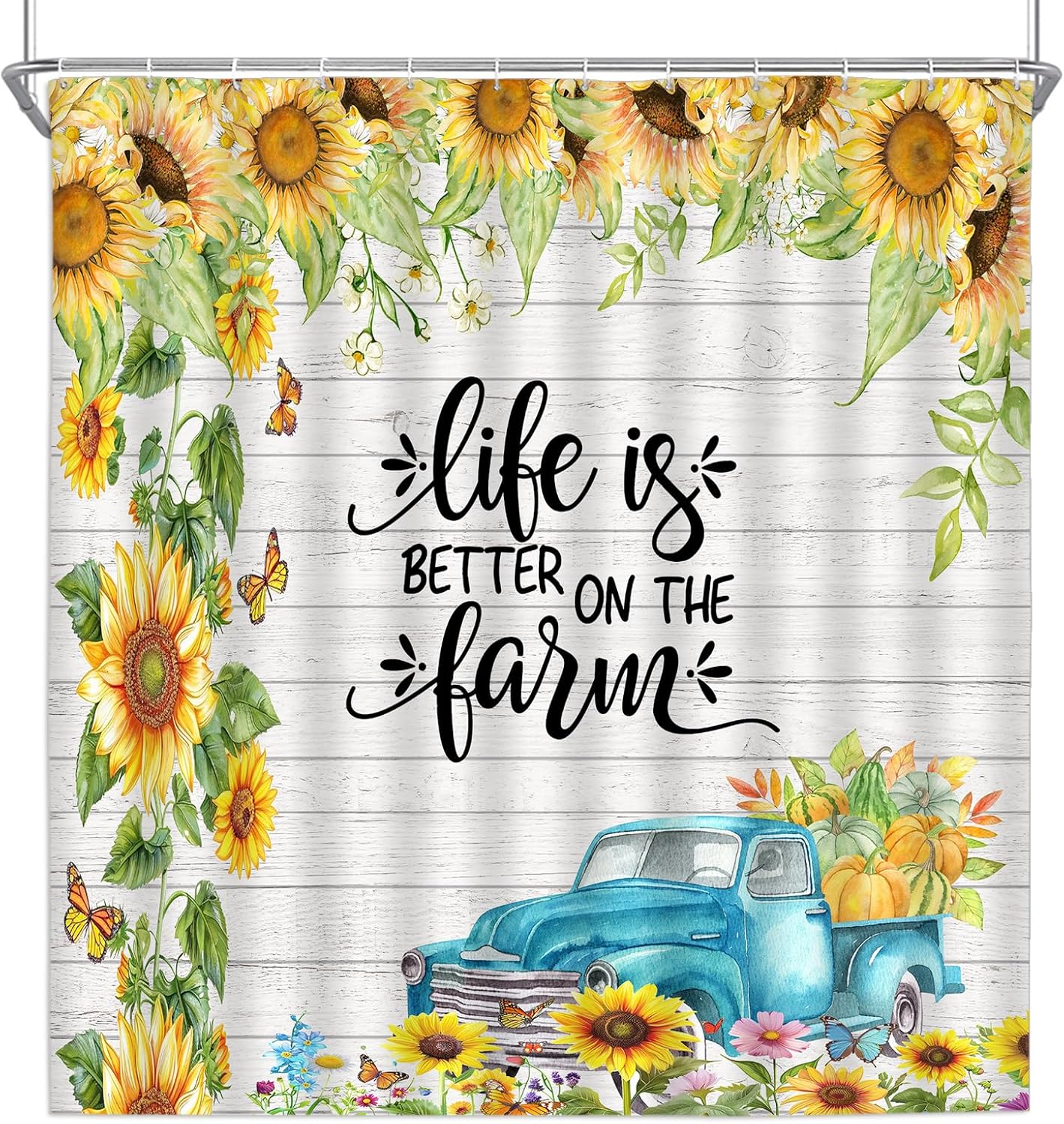 Fall Farm Truck Shower Curtains Sunflower Watercolor Flower Plant Butterfly Pumpkin Harvest Festival Pattern Bathroom Decor Polyester Fabric Bathtub Curtain Set 106 x 70 Inch with Hooks