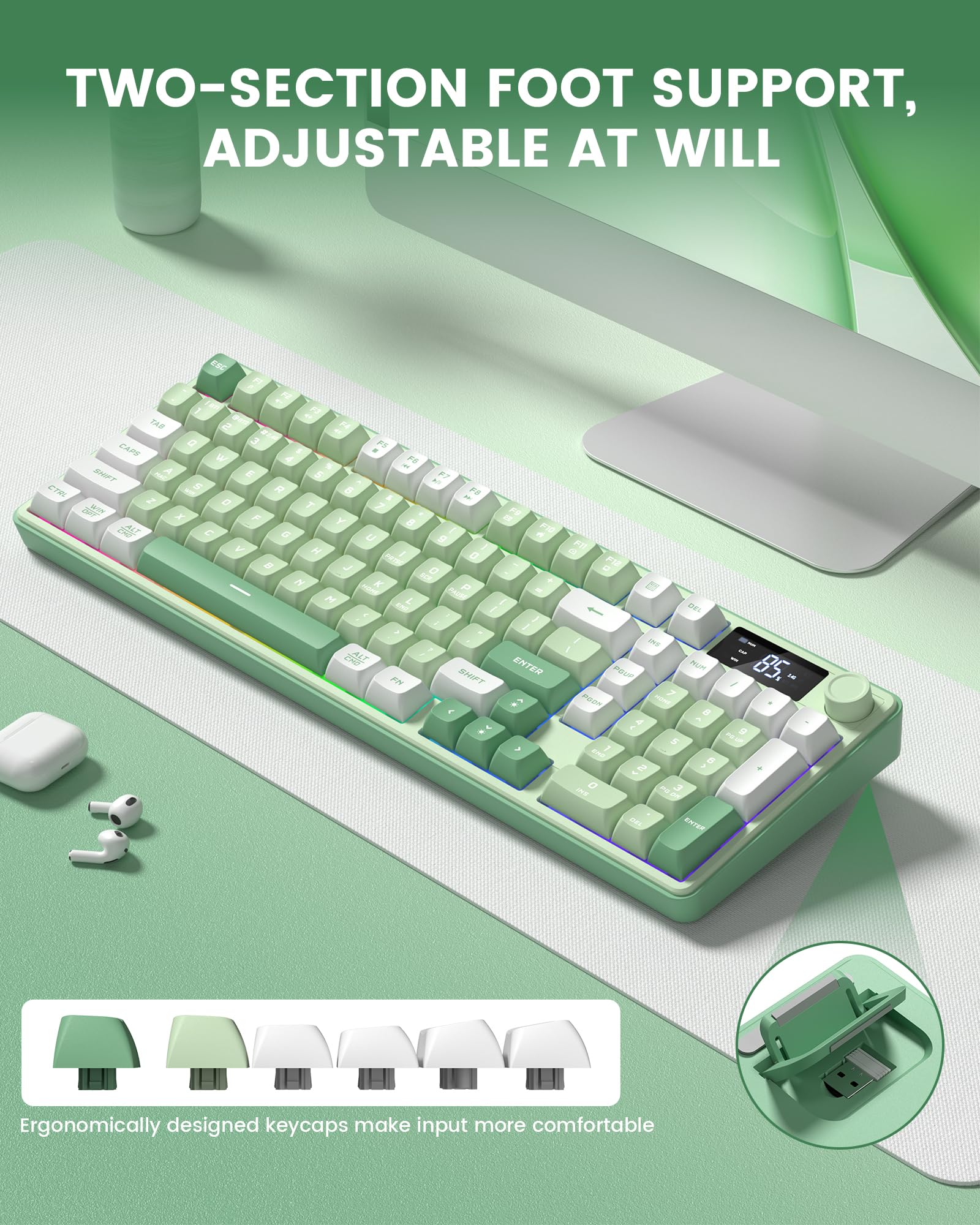 Keymatic Gaming Keyboard Wireless Creamy Keyboard with Media Knob & Screen Cute Keyboard Mechanical Feeling Membrane Keyboard with Number Pad RGB Backlit Tri-Mode BT/2.4GHz/USB-C - Green — view 8
