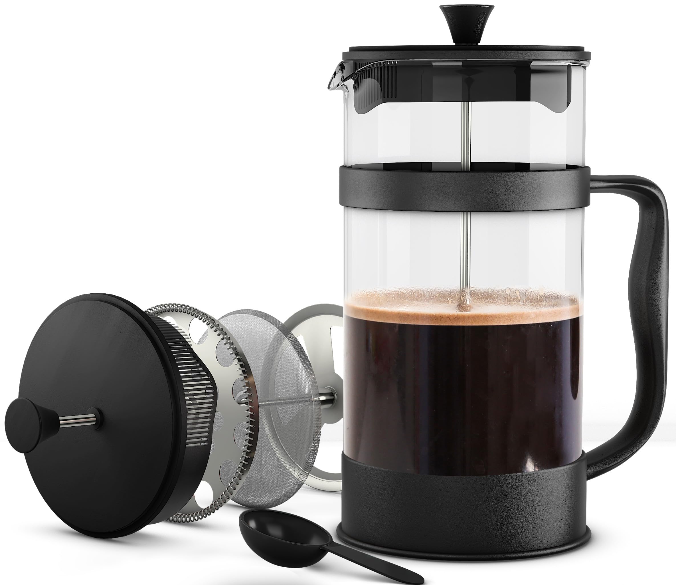 KICHLY 350ml Cafetiere 2 Cup French Press Coffee Maker, Coffee Press and Tea Maker with Triple Filters, Heat Resistant Borosilicate Glass Caffettiere with Steel Plunger (0.35Ltr, Black, Pack of 12)