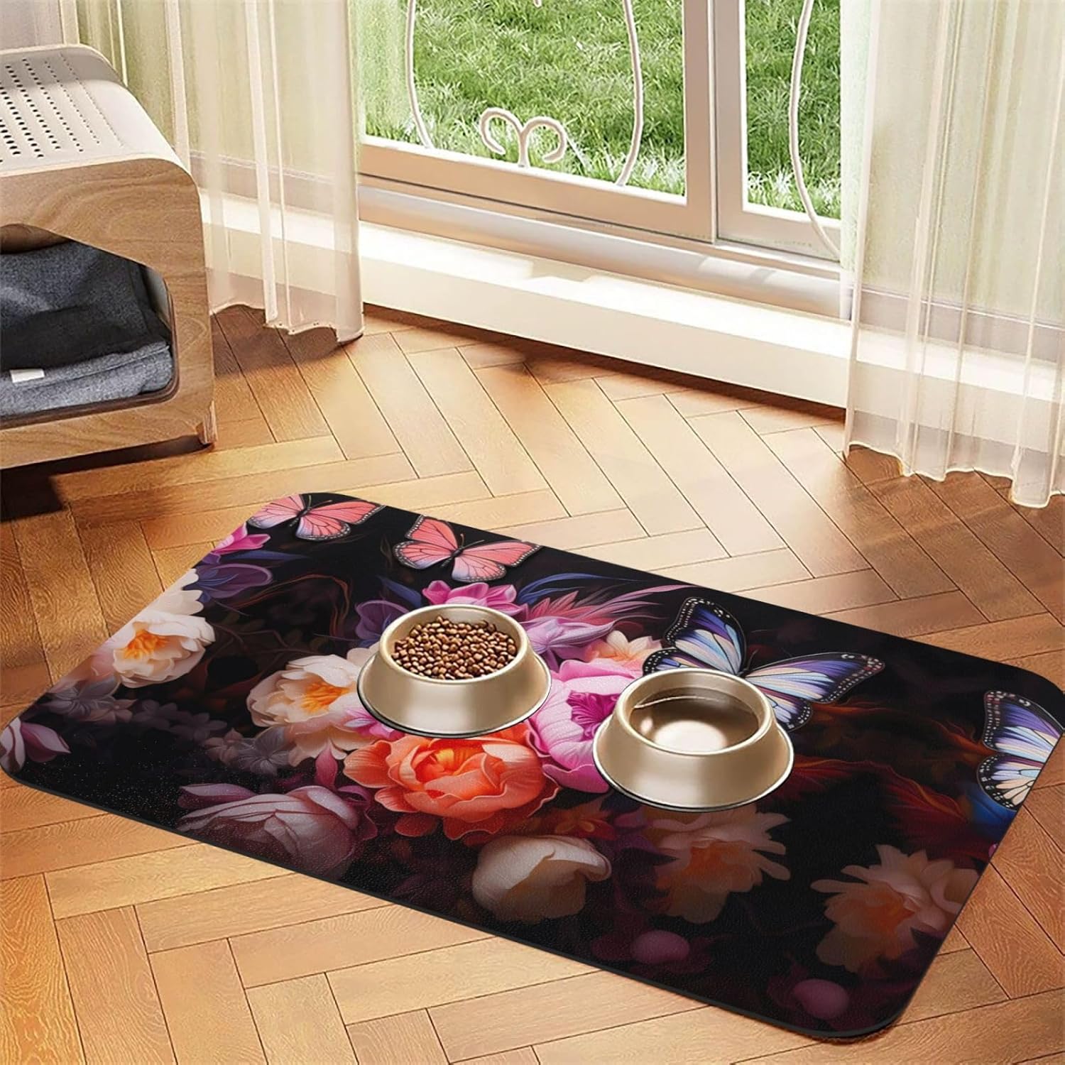 40x60cm Pet Absorbent Feeding Mat - Butterflies and Fresh Bush Print Leather Non-Slip Placemat, for Dog Cat Food and Water Bowl Pads