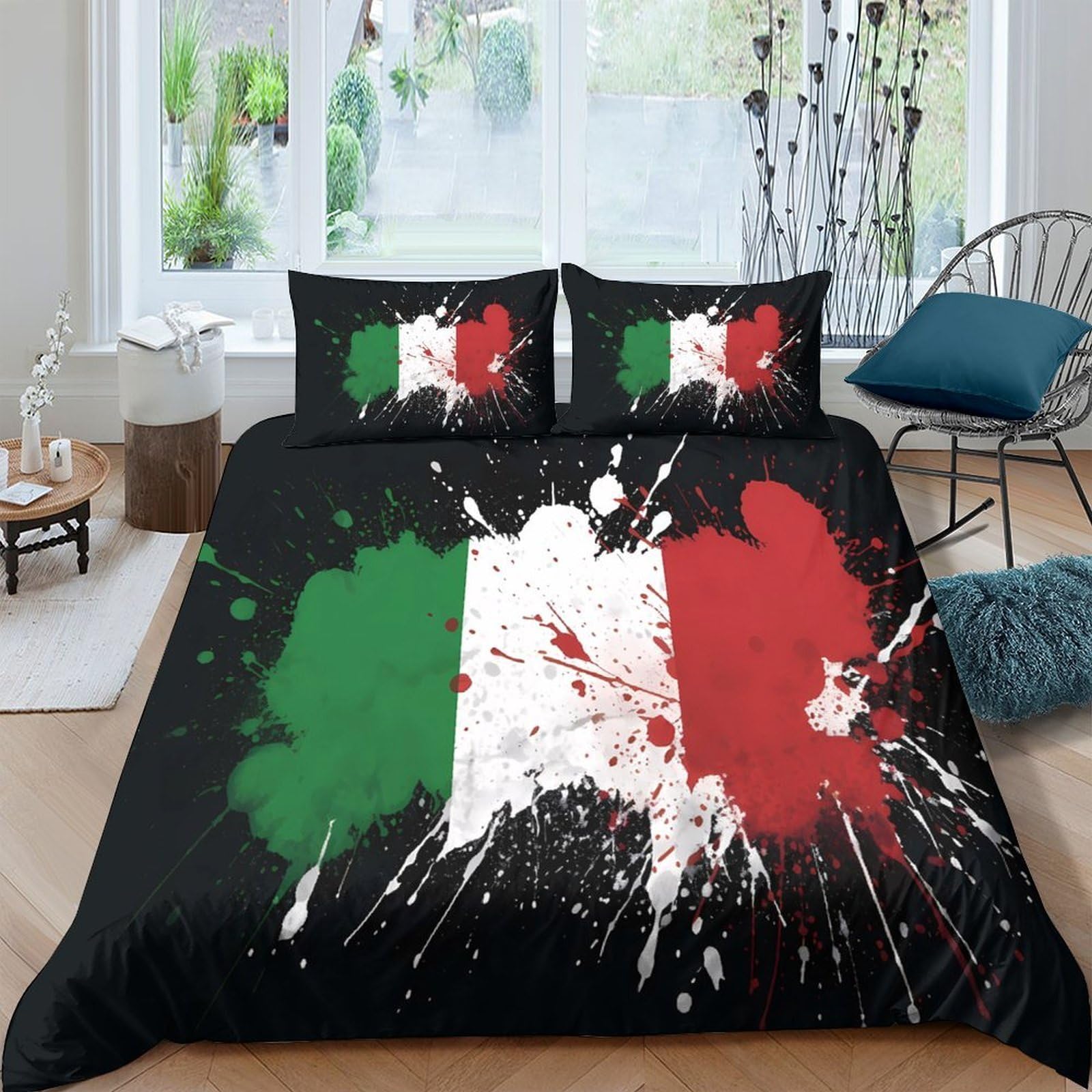 GPLZQXKJNH 3D Printed Italian Flag Duvet Cover Microfiber Soft Breathable Tricolor Quilt Cover Bedding Set with 2 Pillowcases for Bedroom Decor Single（135x200cm）