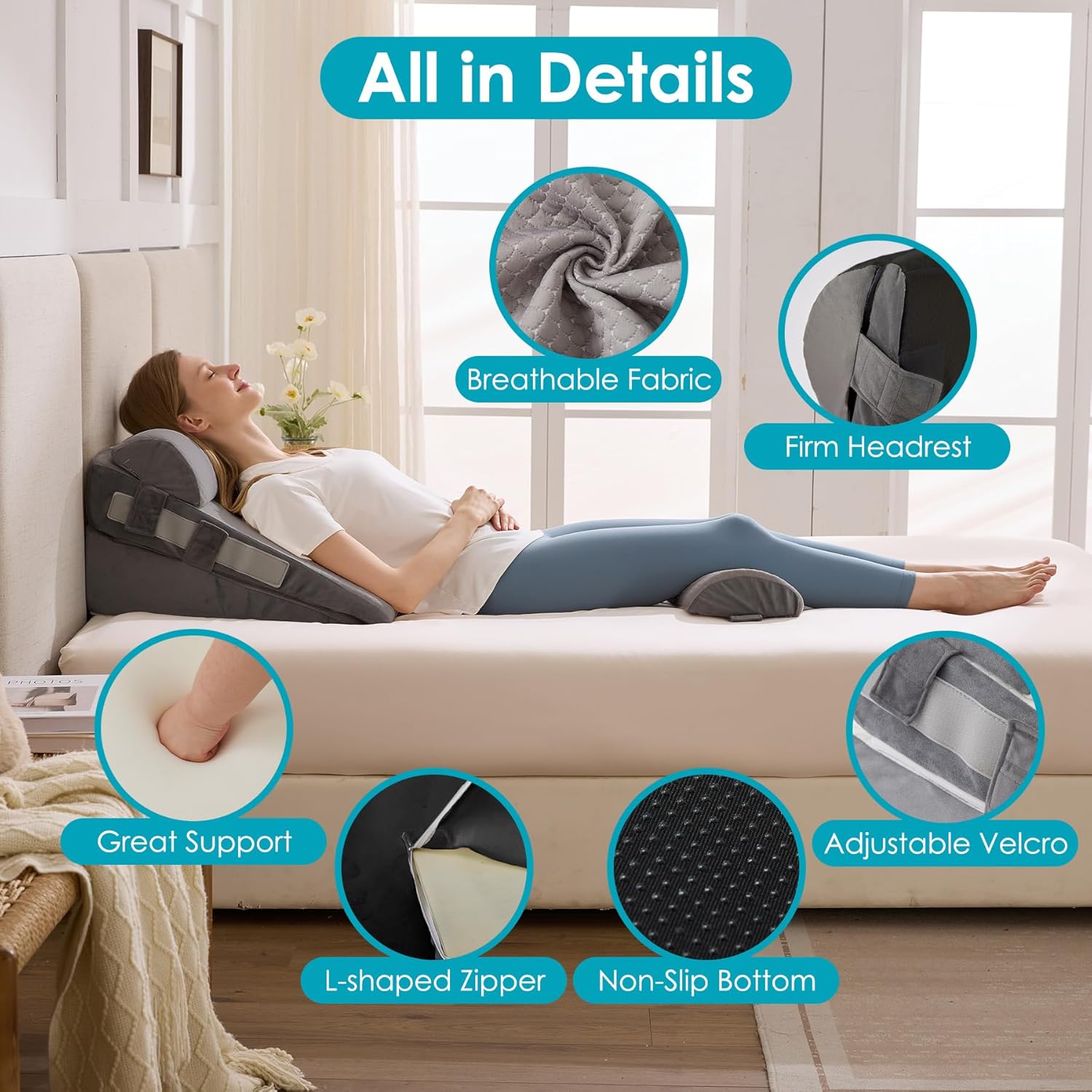 3Pcs Wedge Pillow Set for After Surgery,Acid Reflux Relief, Adjustable Bed Wedge Pillows for Sleeping,Anti Snore, Memory Foam Triangle Pillow for Back&Neck&Shoulder Pain Relief, Grey - Image 7