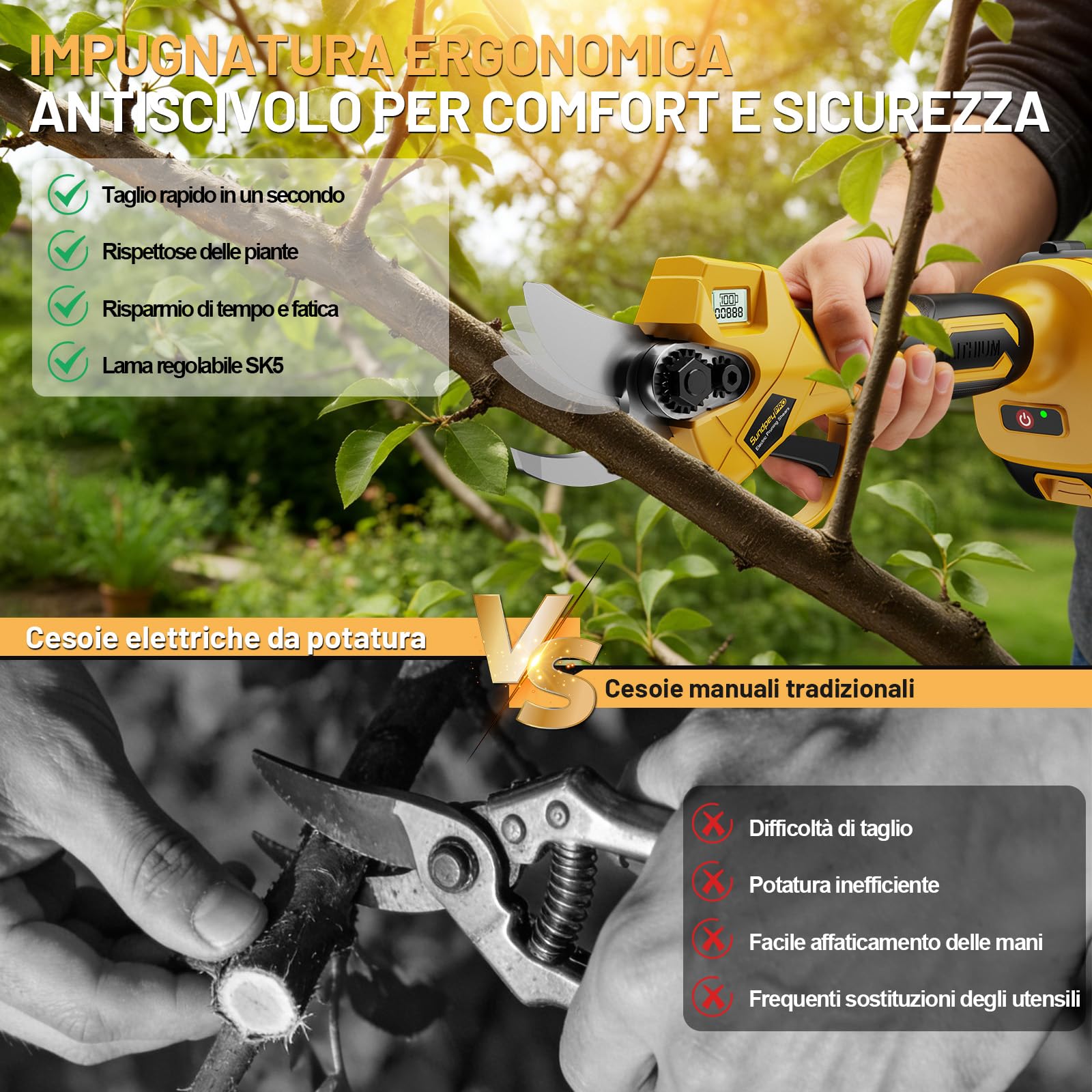 Forbici Potatura Elettriche, Max 30mm Forbice da Potatura Senza Fili con 2 Batterie, Motore Brushless, Display LCD, Cassetta Portatile, Cesoie a Batteria per Giardino Frutteto Rami d’Albero
