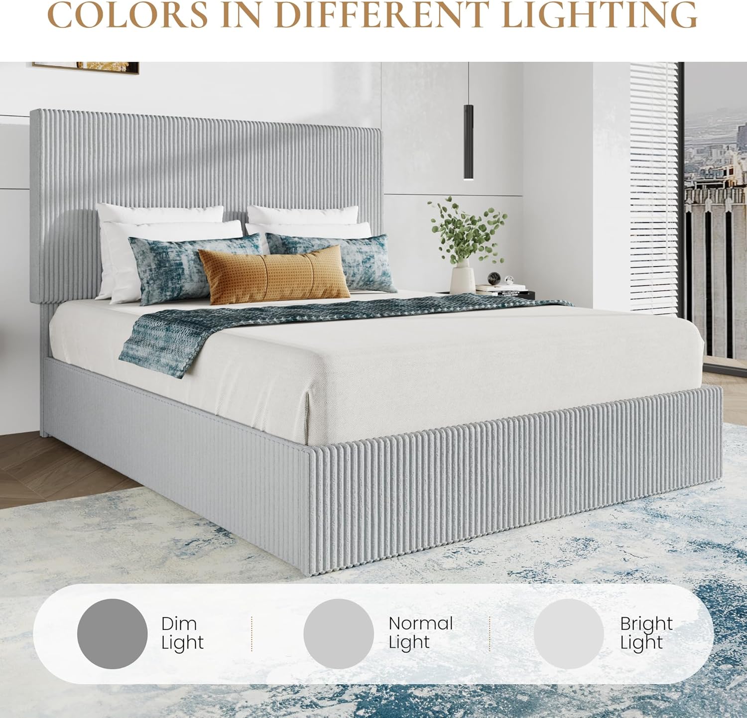 SHA CERLIN Queen Bed Frame, Corduroy Upholstered Platform Bed, Adjustable Vertical Channel Tufted Headboard, Modern Low Profile Frame, No Box Spring Needed, Easy Assembly, Light Grey